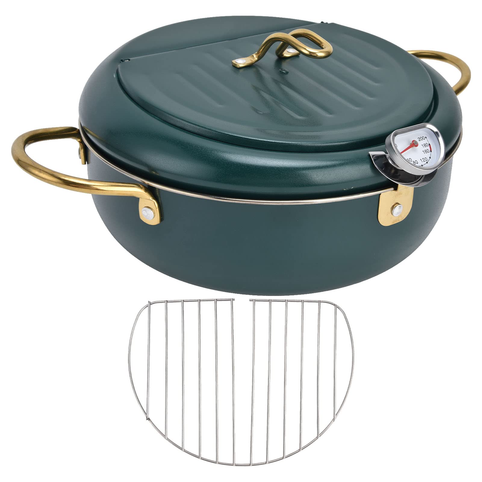 304 Stainless Steel Japanese Style Deep Fryer Pot with Thermometer - Home Tempura Fryer for French Fries, Shrimp, Chicken, Steak & More | Perfect for Restaurants, Home Kitchens & Outdoor Cooking (Black/Green)