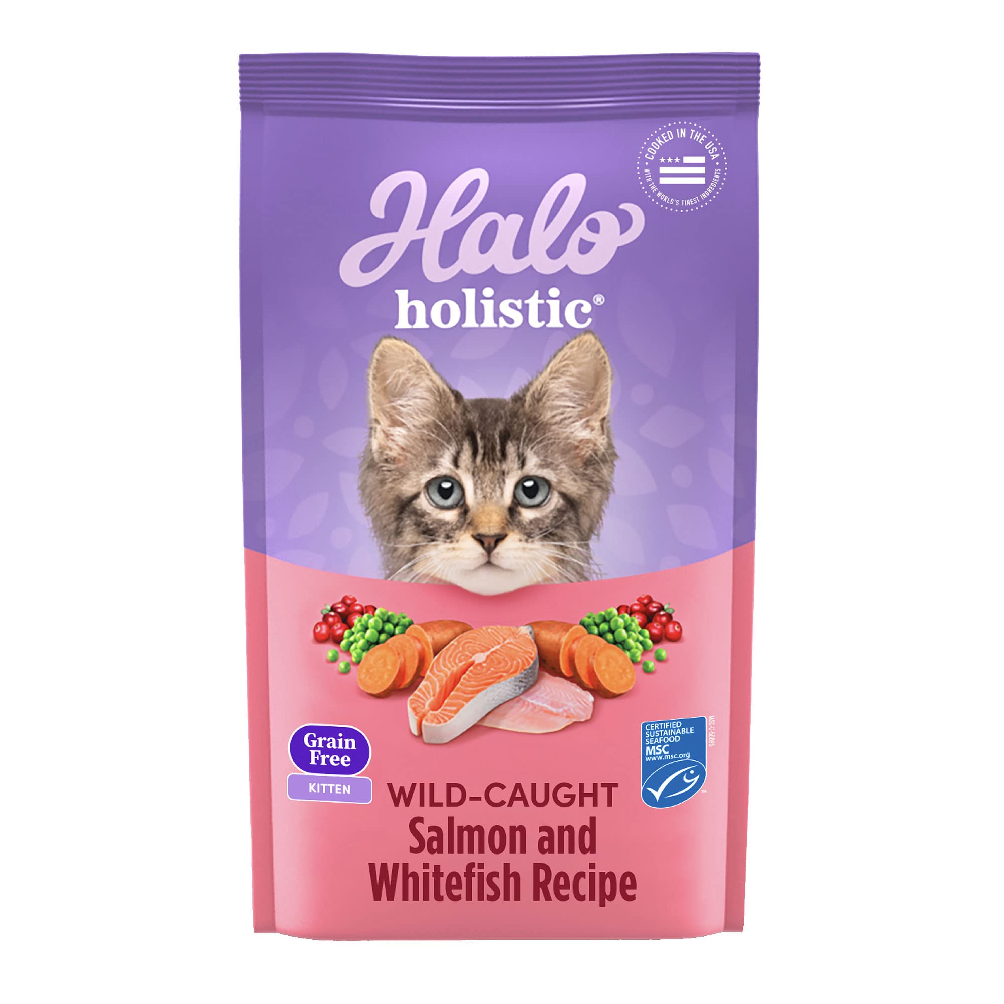 Halo Holistic Grain-Free Kitten Dry Food - Wild Caught Salmon & Whitefish Recipe for Complete Digestive Health - 10 lb Bag - Perfect for Growing Kittens & Sensitive Stomachs