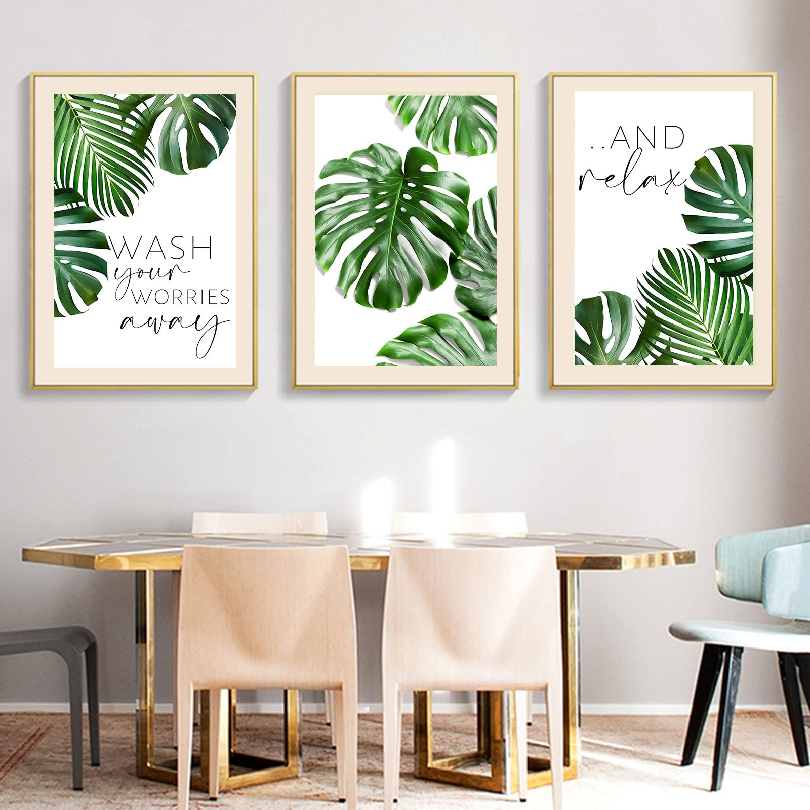 Set of 3 Monstera Tropical Leaf Wall Art Prints - 16x24 Inch Green Botanical Plant Posters, Nordic Style Canvas Decor for Living Room, Bedroom & Office - Modern Unframed Home Decor (Botanical Theme)