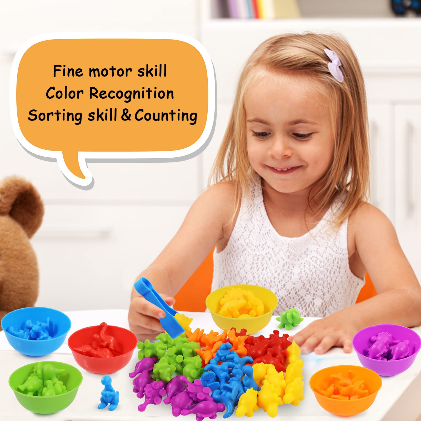 RAEQKS Counting & Sorting Dinosaur Toys - Montessori Educational Sensory Game with Bowls | Preschool Learning Activities, Stacking Animal Toys for Toddlers & Kids (Boys & Girls) | Perfect for Classroom, Homeschool & Birthday Gifts