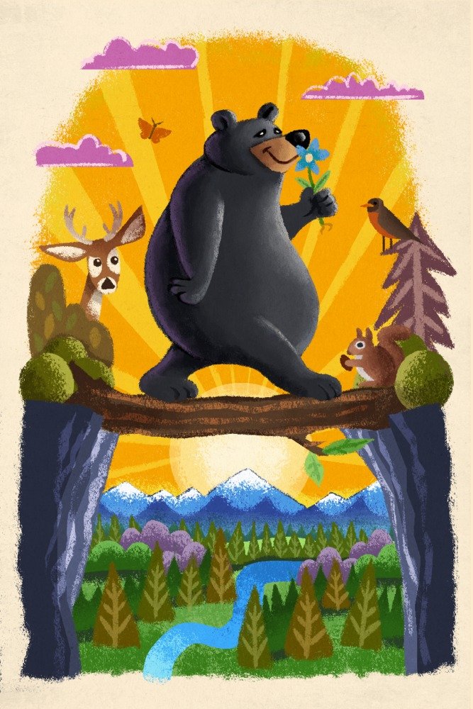 Black Bear Mid-Century Inspired Art Print - 24x36 Signed Wall Decor Poster for Living Room, Bedroom & Office | Vintage Animal Wall Art