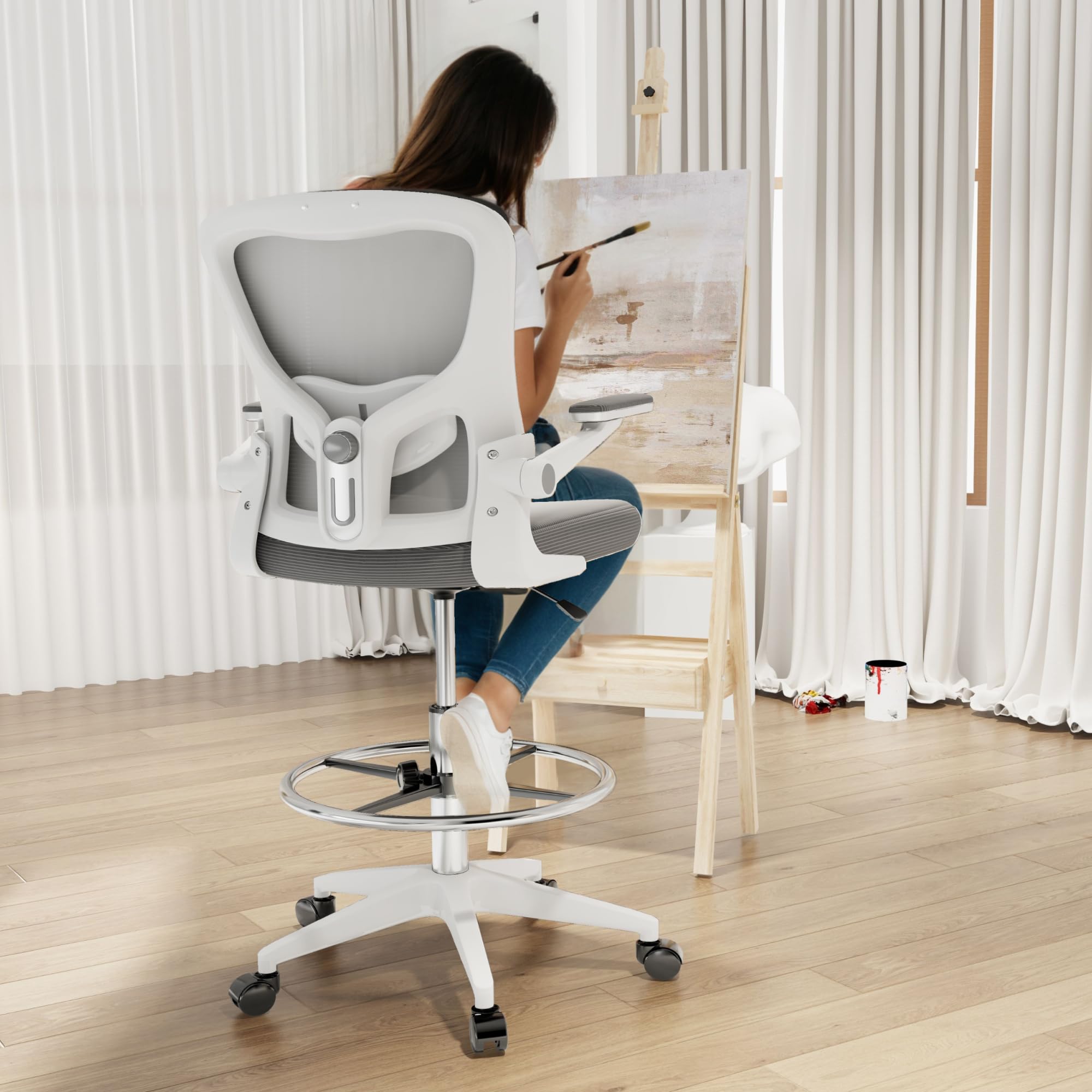FLEXISPOT Ergonomic Drafting Chair - Adjustable Height Office Chair with 2D Lumbar Support, 3D Flip-Up Armrests, Breathable Mesh Back & Foot Ring - BIFMA Certified for Home Office, Artists, Musicians - Ideal for Standing Desks, Drawing, Guitar Playing, Studio Work & Long Work Sessions (White)