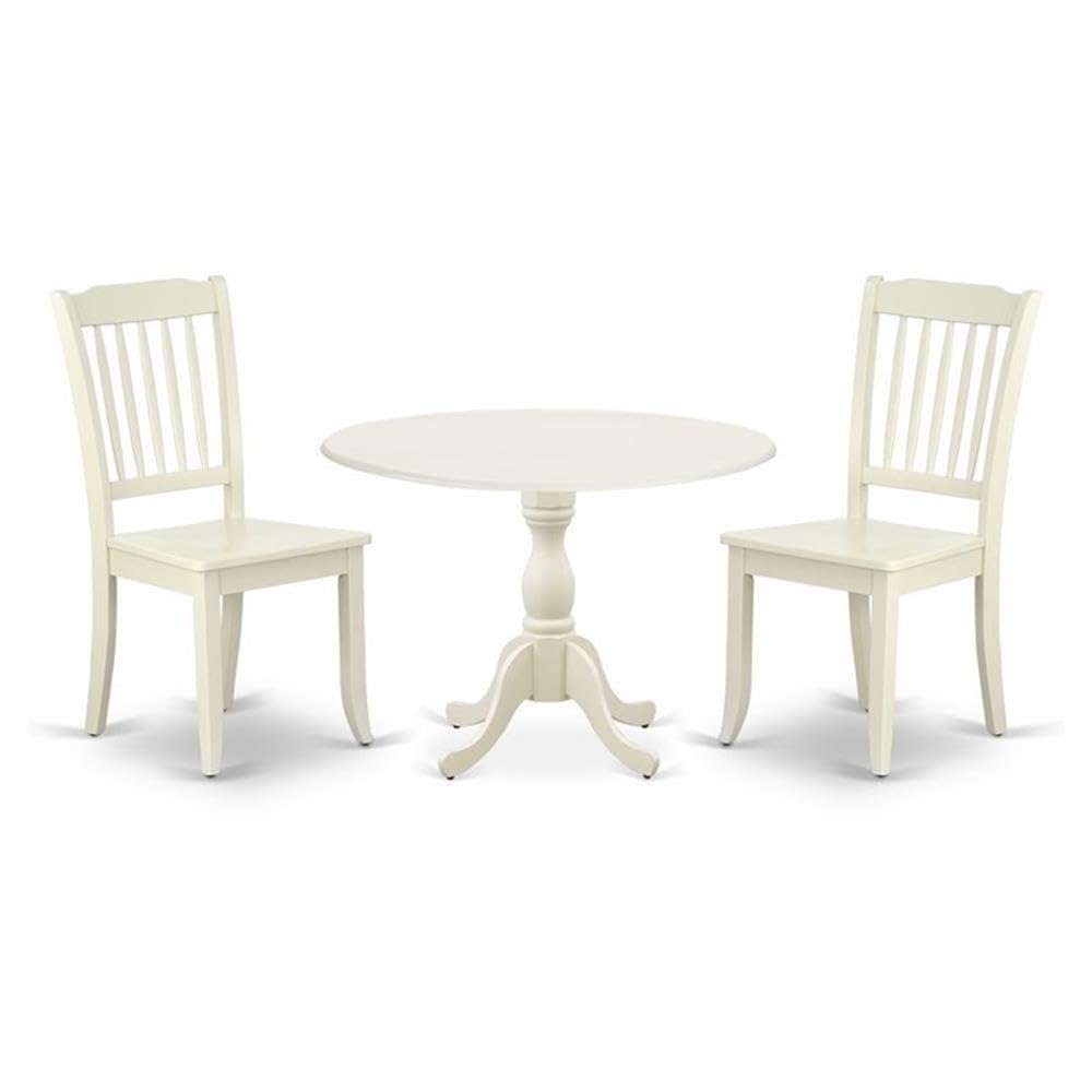 East West Furniture DMDA3-LWH-W 3-Piece Round Drop Leaf Dining Table Set with 2 Wooden Chairs, 42x42 Inch, Linen White - Perfect for Small Spaces, Apartments & Breakfast Nooks
