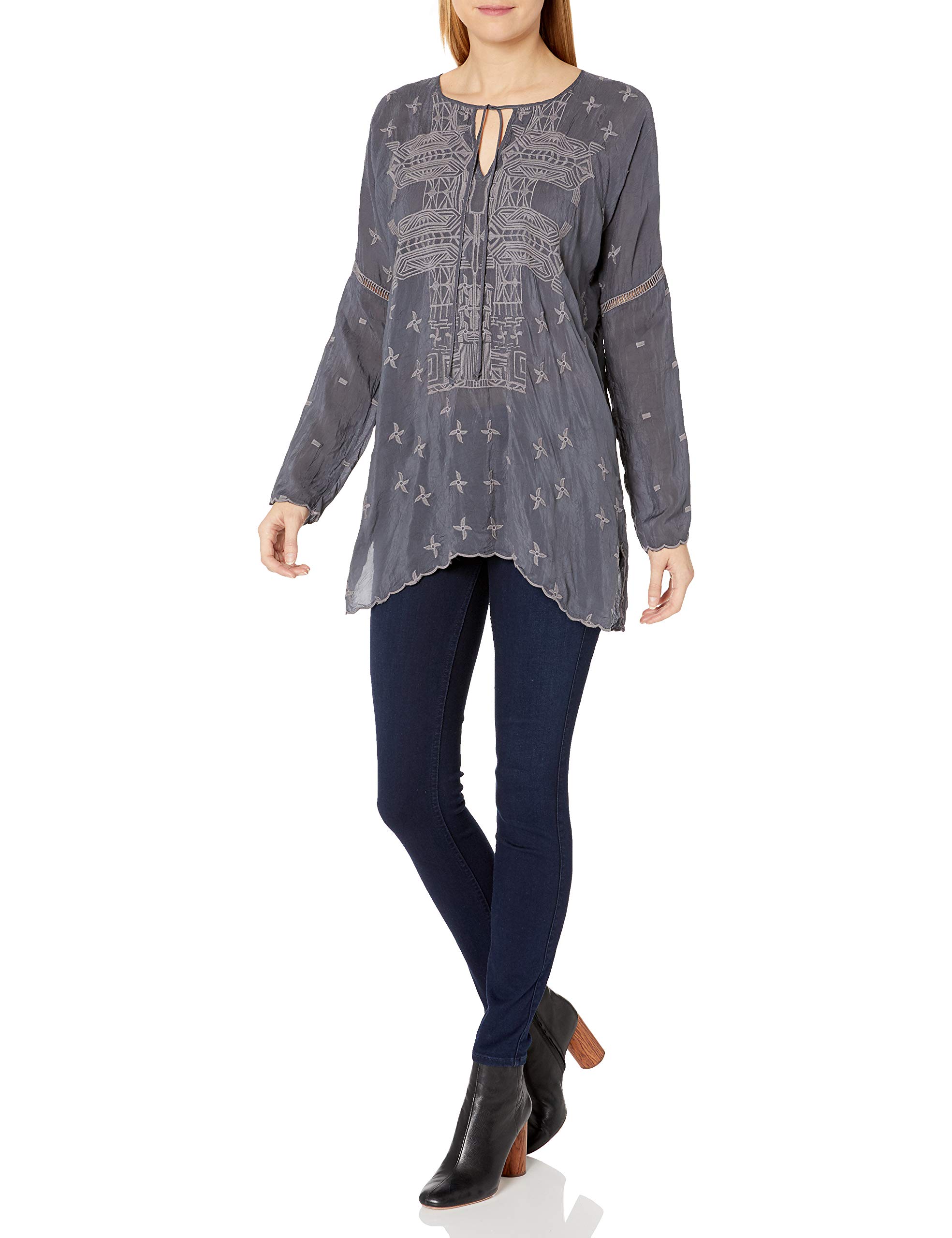 Johnny Was Women's Embroidered Boho Long Sleeve Tunic Top - Floral Ethnic Print Casual Blouse for Layering, Work & Special Occasions