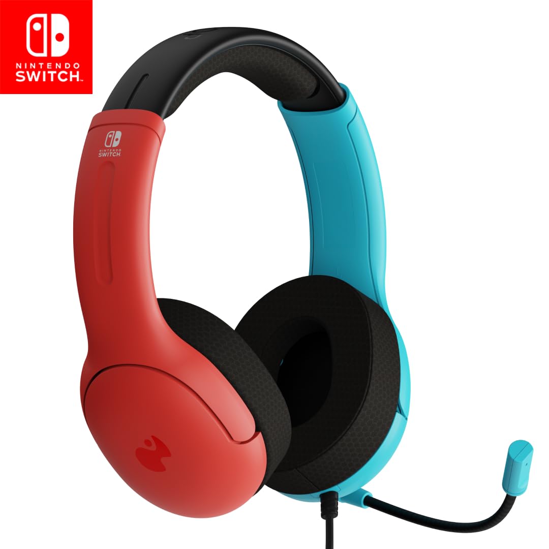PDP Gaming LVL40 Airlite Stereo Headset for Nintendo Switch/Lite/OLED - Wired Gaming Headphones with Noise Cancelling Mic, Lightweight Comfort Ear Cushions (Mario Neon Red & Blue) | Perfect for Nintendo Gaming, Online Chat & Immersive Gameplay