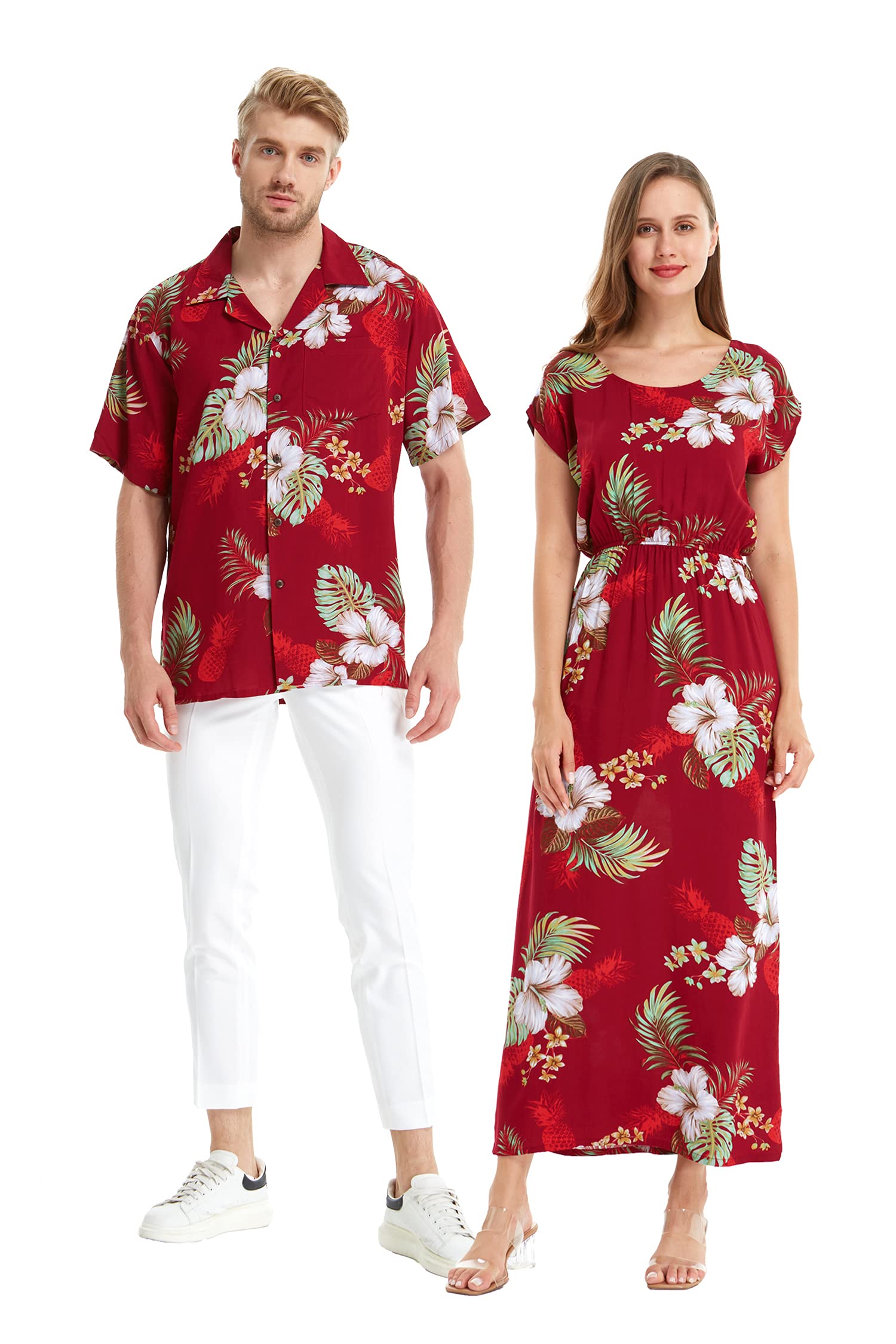 Stylish Couple Hawaiian Luau Shirts & Matching Pineapple Print Maxi Dress Set - Burgundy Tropical Outfits for Beach Vacations, Summer Parties & Romantic Getaways