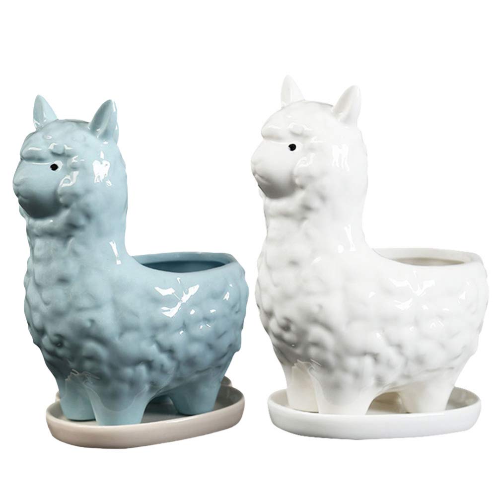 2pcs Ceramic Alpaca & Llama Mini Planters - Cute Animal Flower Pots for Succulents, Herbs & Bonsai | Home Office Desk Decor, Balcony & Indoor Gardening Gifts