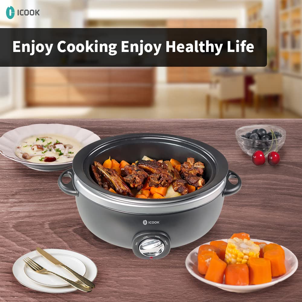 ICOOK USC-65-OP001BK 6.5 Quart Slow Cooker with Glass Lid - Stovetop & Dishwasher Safe Aluminum Pot - Adjustable Temperature for Stewing, Sautéing & Food Warming (Black) - Perfect for Family Dinners, Potlucks & Meal Prep