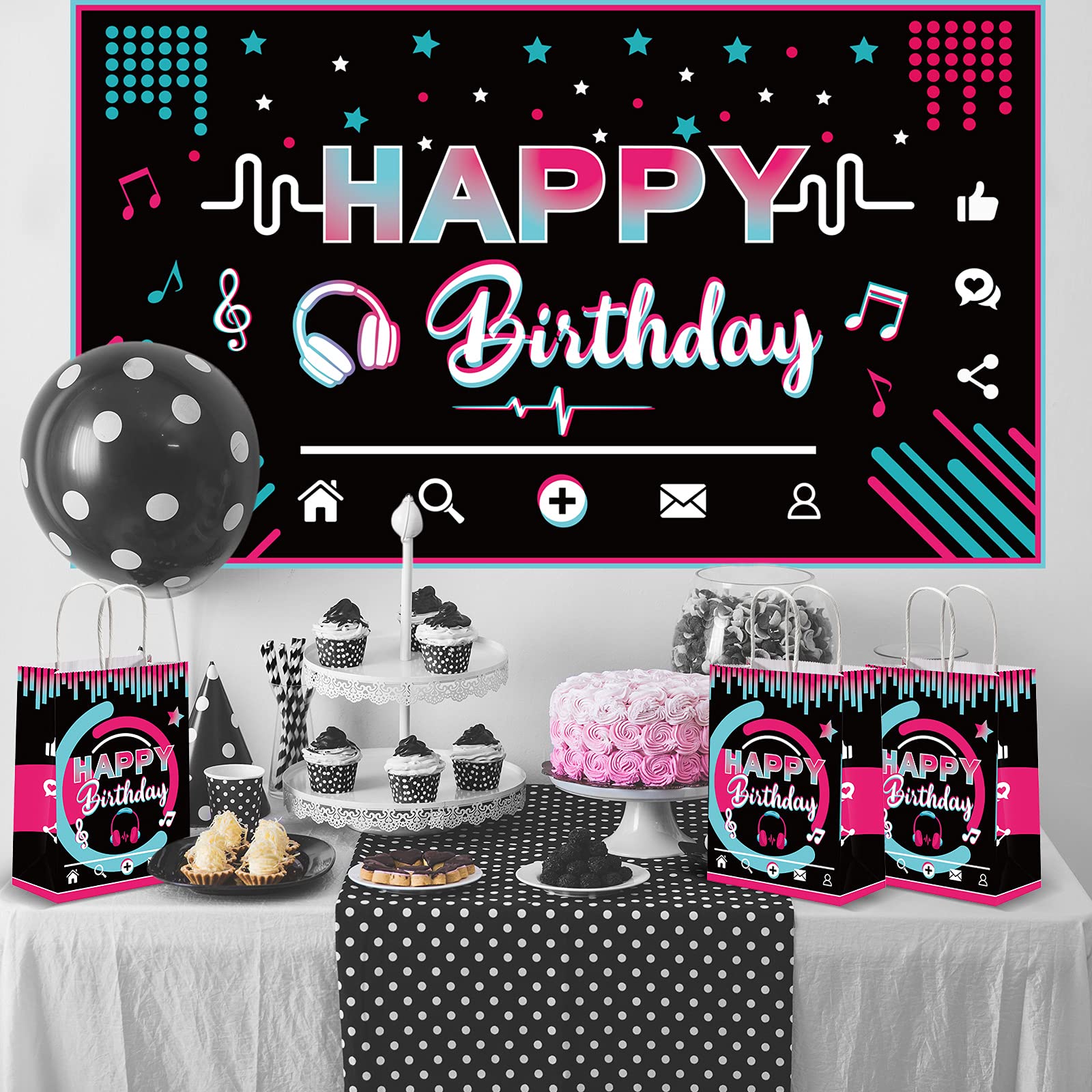16-Piece Kraft Paper Music-Themed Gift Bags with Handles - Birthday Party Favors, Candy Treat Bags, Social Media Theme Decorations - Perfect for Birthday Parties, Baby Showers & Holiday Celebrations