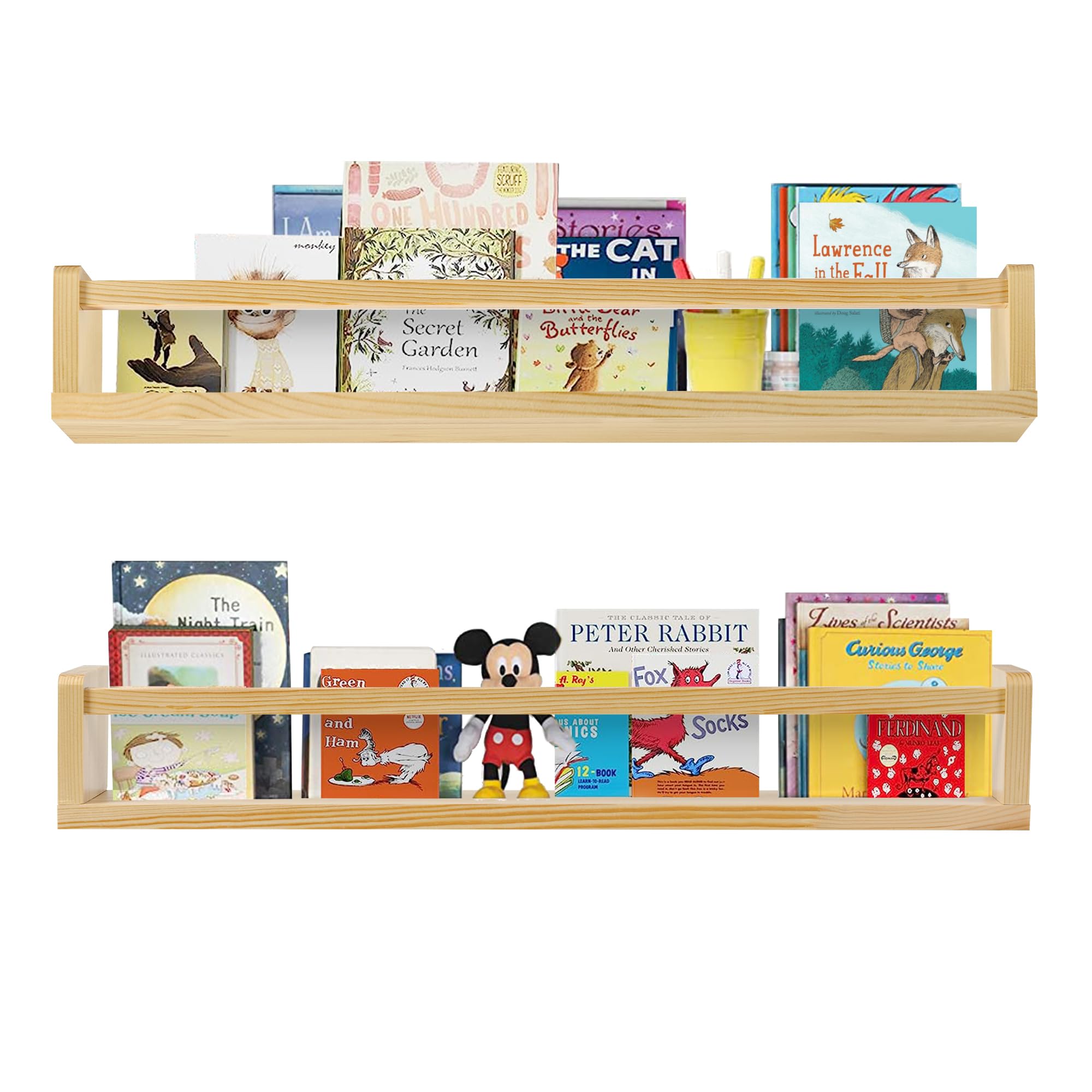 Wall Mounted Kids Bookshelf - 24 Inch Floating Wooden Bookshelves Set of 2, Children's Book Organizer for Bedroom, Nursery & Bathroom - Perfect for Storing Toys, Comics & Storybooks