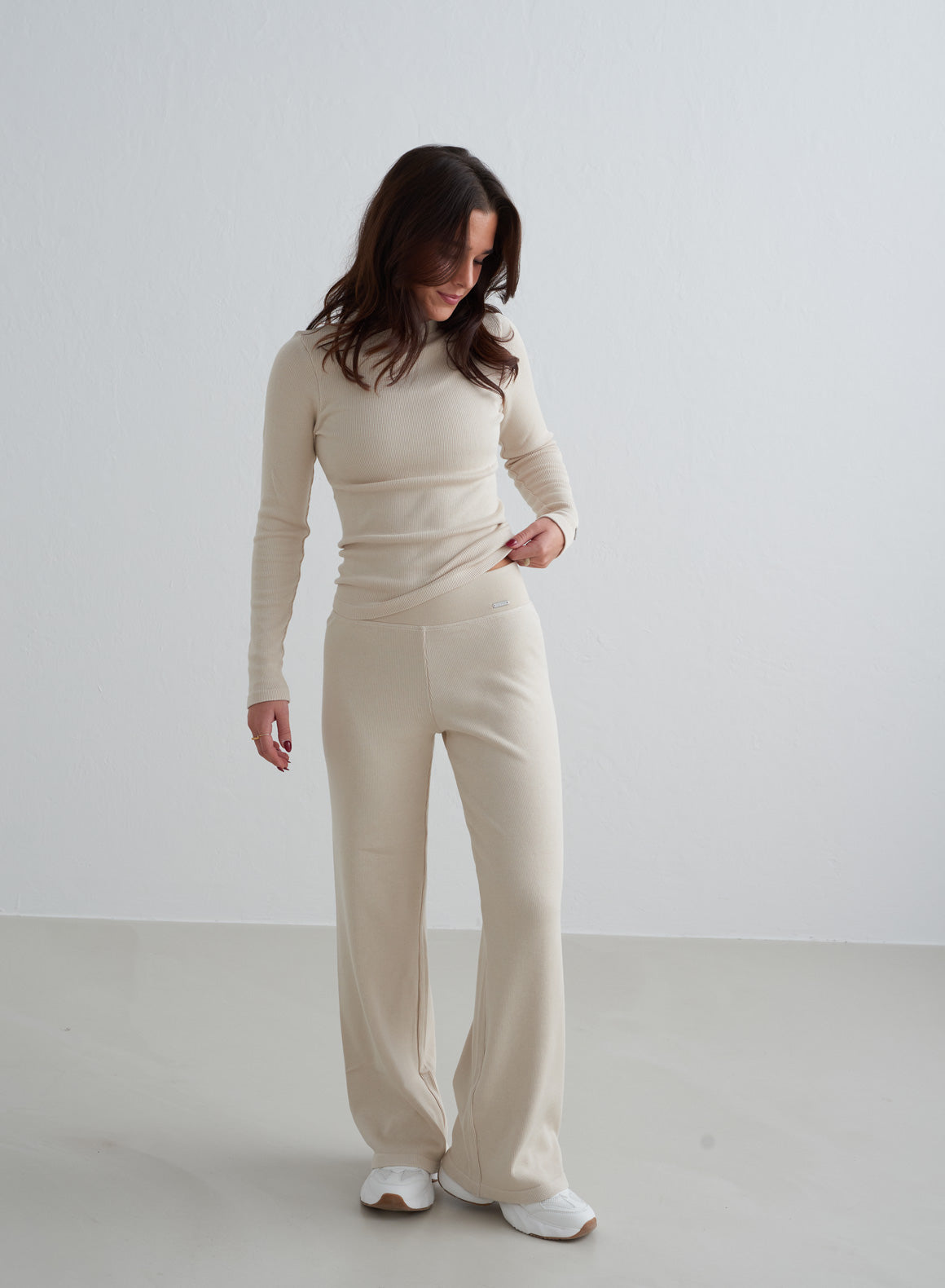 Café Au Lait Ribbed Wool Wide Leg Pants for Women - Cozy Winter Lounge Pants, Office Work Pants & Casual Outfit