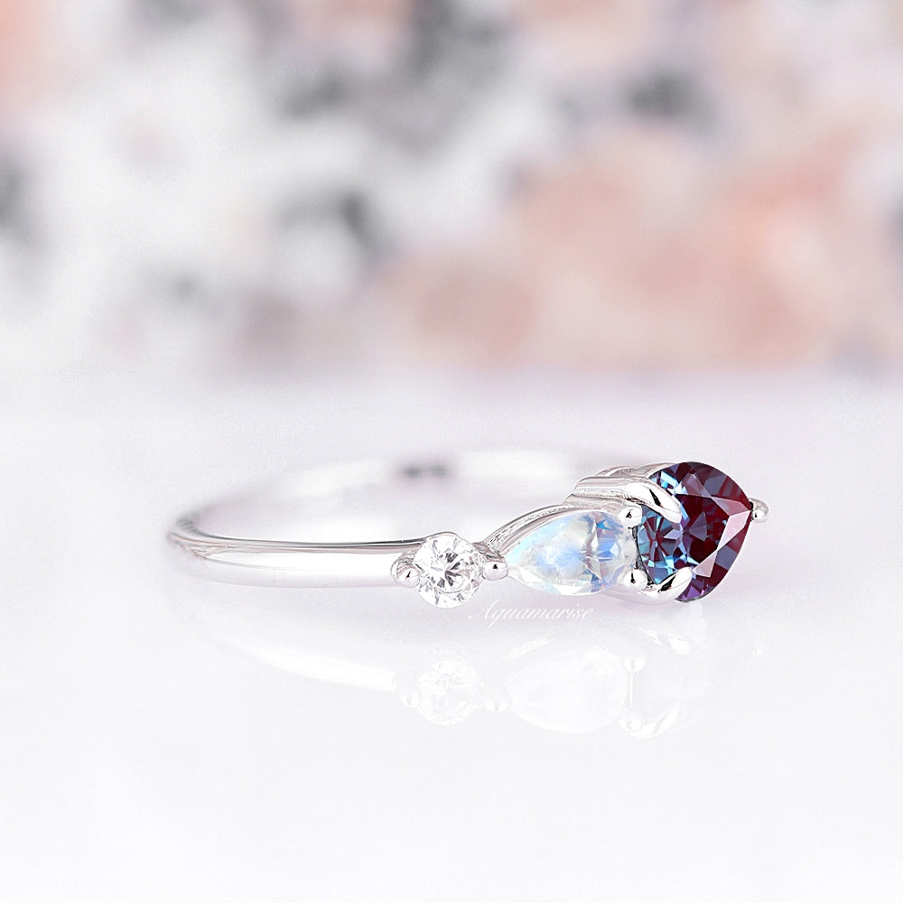 14K White Gold Alexandrite & Moonstone Ring for Women | Elegant Birthstone Jewelry Gift for Anniversary, Engagement & Special Occasions