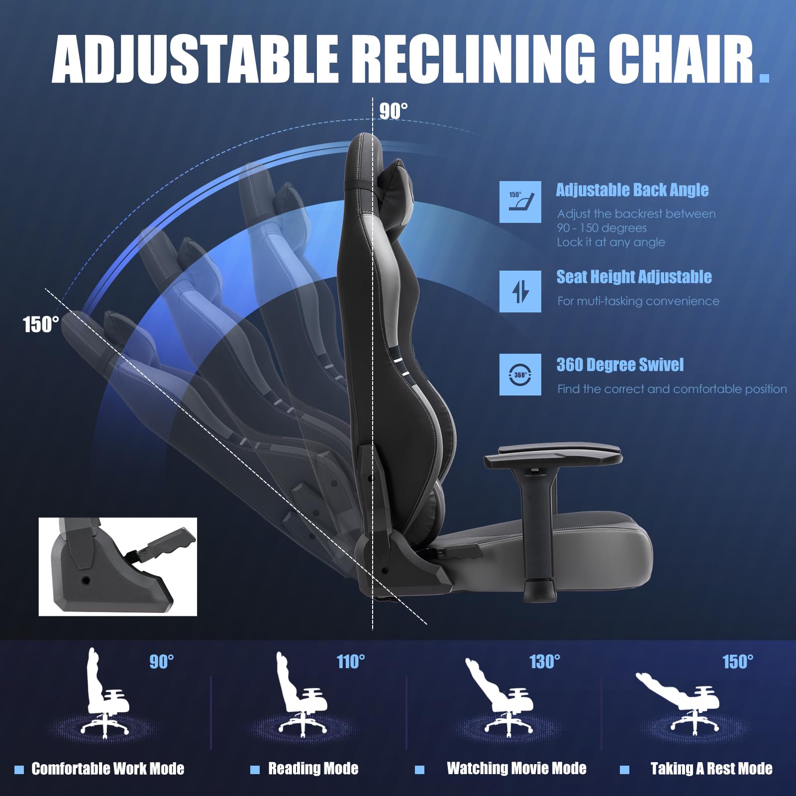 Big and Tall Gaming Chair 350lbs - Heavy Duty Ergonomic Racing Office Chair with Wide Seat, Reclining Backrest & Adjustable Armrests for Adults & Teens - Grey - Perfect for Long Gaming Sessions, Work from Home & Office Use