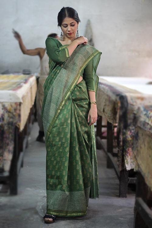 Handblock Printed Chanderi Silk Saree - Traditional Indian Bridal & Party Wear - Elegant Handmade Saree for Weddings, Festivals & Special Occasions