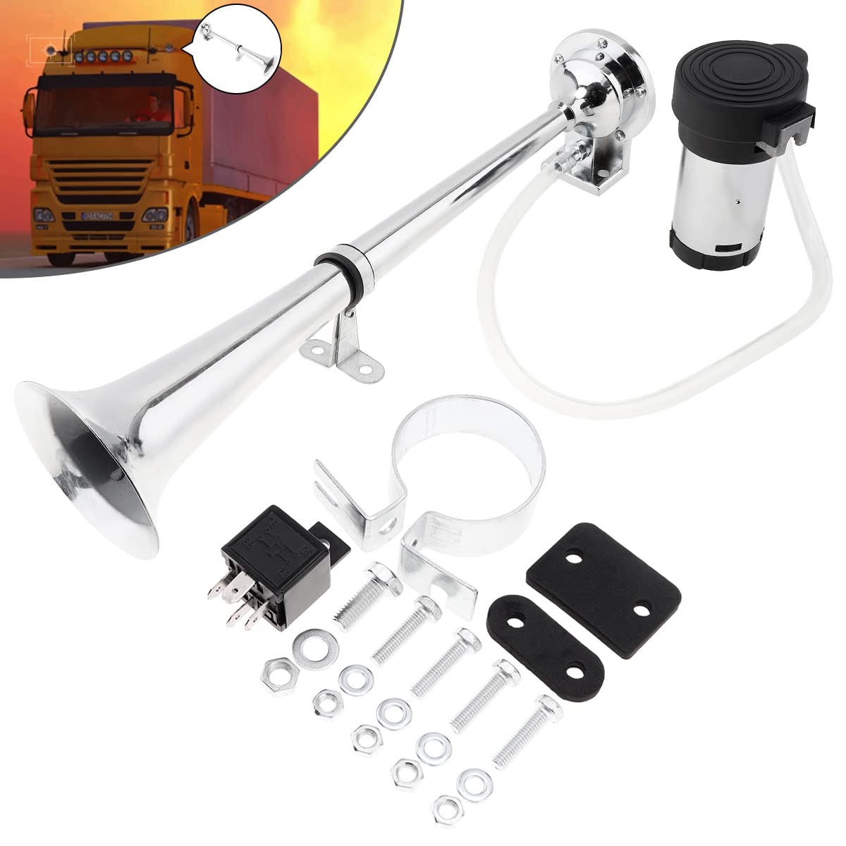 150dB Super Loud 12V Single Trumpet Air Horn Kit with Dustproof Compressor - Perfect for Trucks, Lorries, Boats & Trains - Great for Emergency Alerts, Sporting Events & Marine Safety