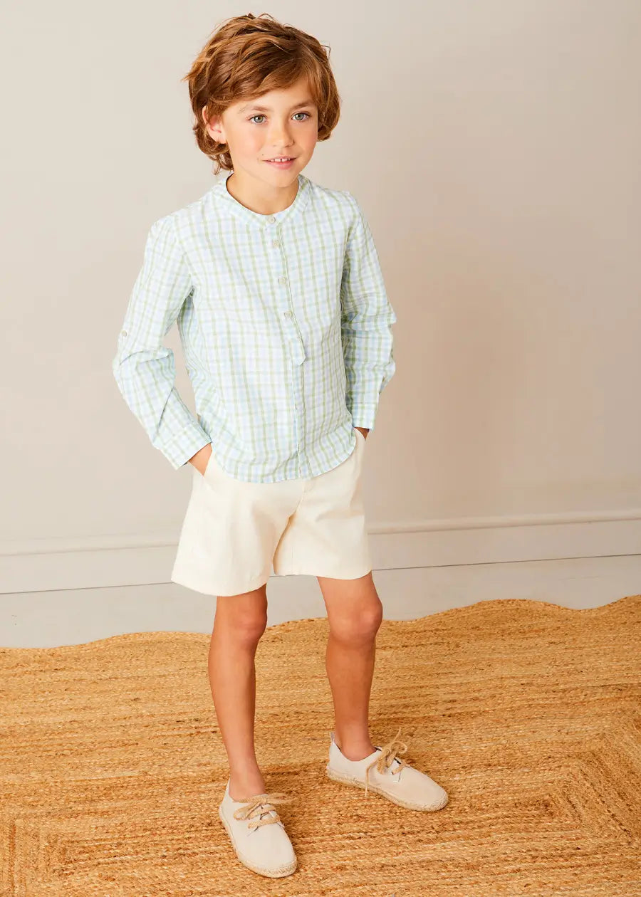 Maxwell Gingham Checkered Long Sleeve Button-Down Shirt with Mao Collar - Green Plaid Casual Top for Boys (3-10 Years) | School, Party & Family Outing Wear
