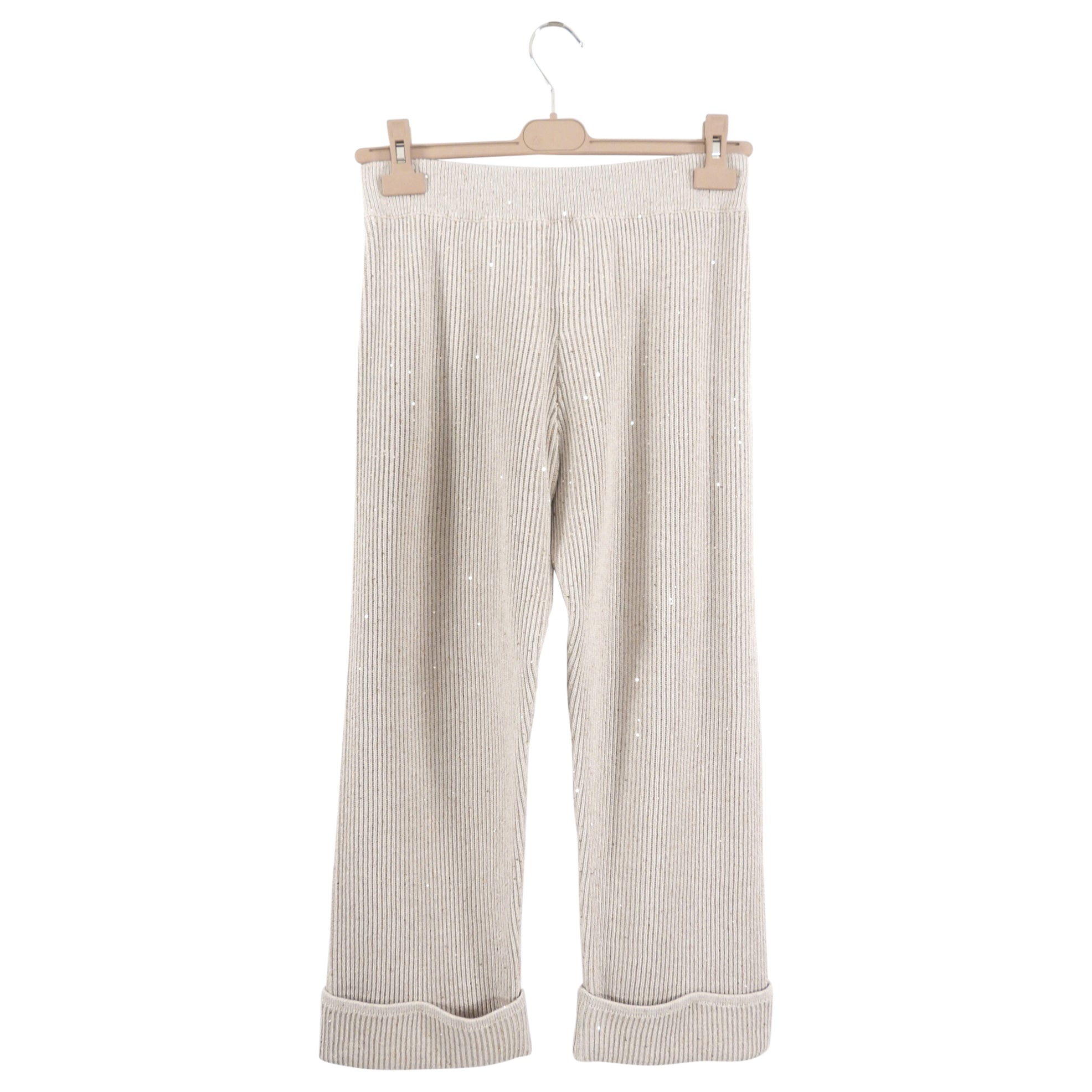 Brunello Cucinelli Beige Knit Sequin Wide Leg Jogger Pants for Women - Size S (6) - Comfortable Lounge Pants for Casual Wear, Travel & Home Relaxation
