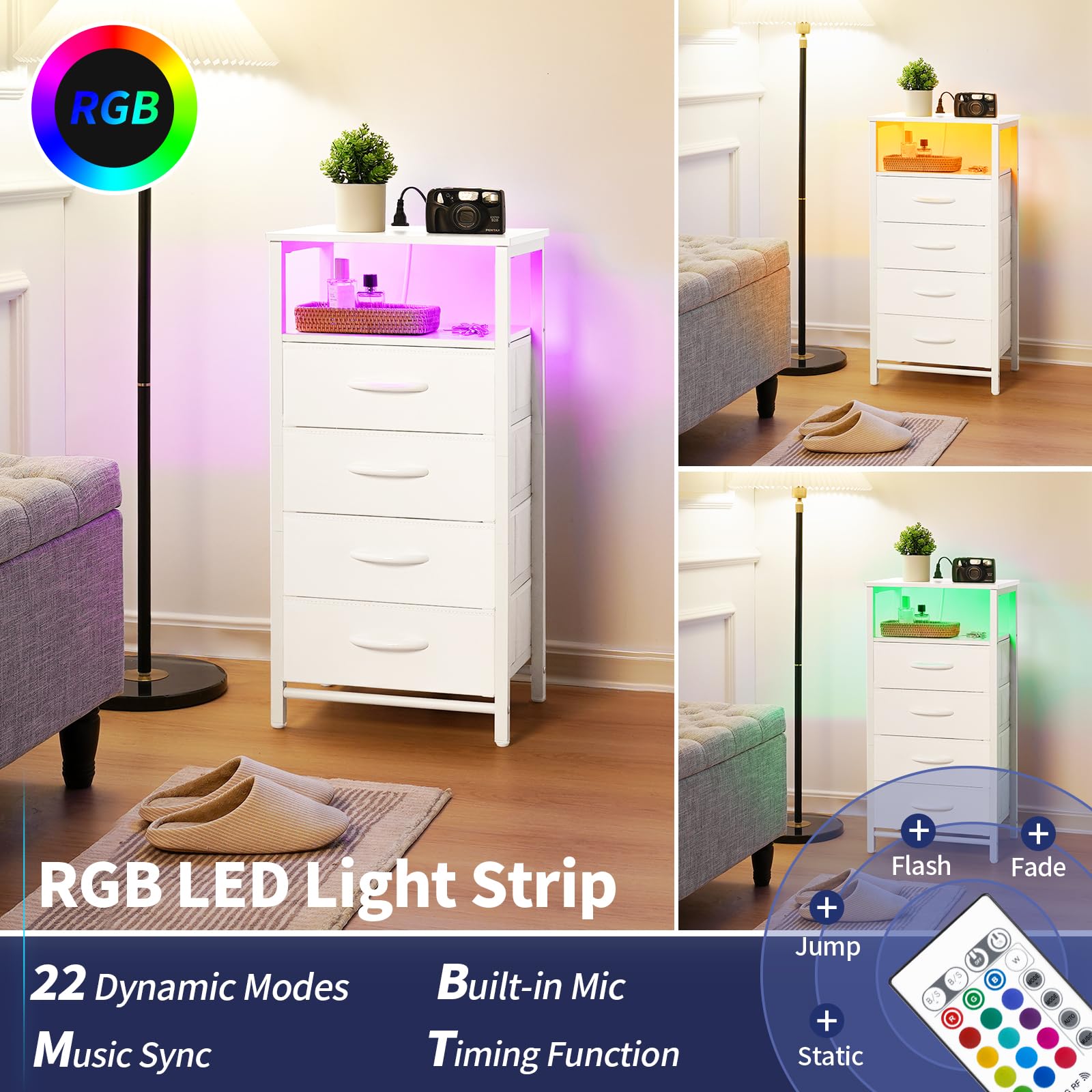 Yoobure LED Night Stand with Charging Station - White Bedside Table with 4 Storage Drawers, Shelf, USB Ports & Outlets - Tall Dresser for Bedroom - Perfect for Small Spaces, Apartment Living & Modern Home Decor