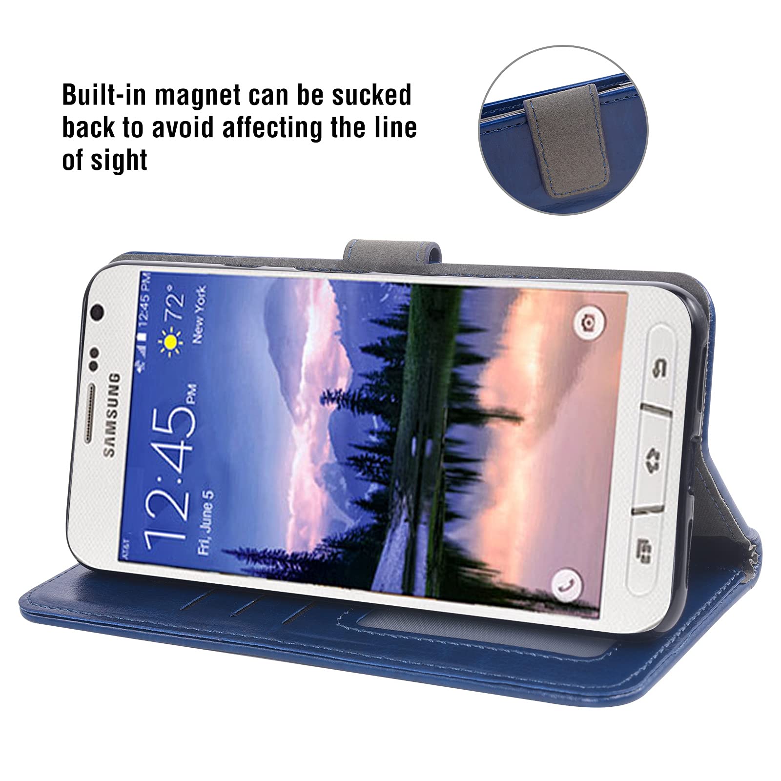 Premium Leather Wallet Case for Samsung Galaxy S6 Active - Compatible with G890A Model | Flip Cover with Card Holder & Stand | Includes Tempered Glass Screen Protector | Perfect for Work, Travel & Daily Protection (Blue)