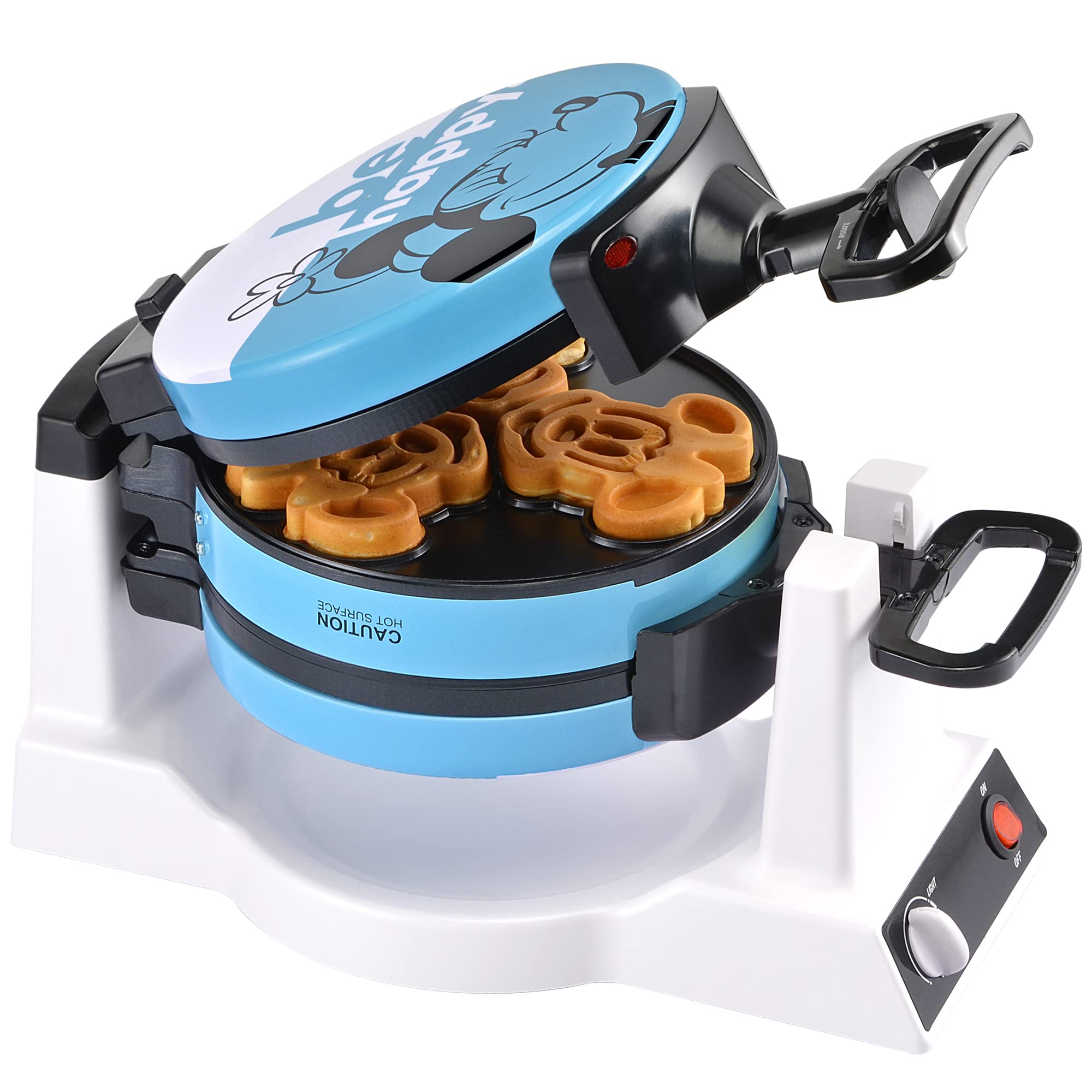 Disney Mickey & Minnie Double Flip Waffle Maker with Non-Stick Plates - Blue Mickey Mouse Kitchen Appliance for Disney Fans - Makes 6 Heart-Shaped Waffles - Perfect for Breakfast, Brunch & Disney-Themed Parties