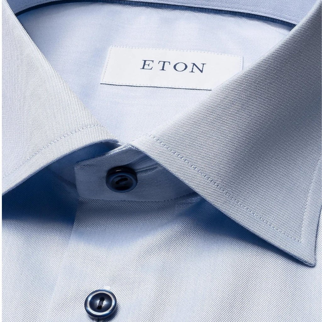 ETON Men's Plain Dress Shirt with Contrast Buttons - Contemporary Slim Fit Light Blue for Business Casual & Office Wear