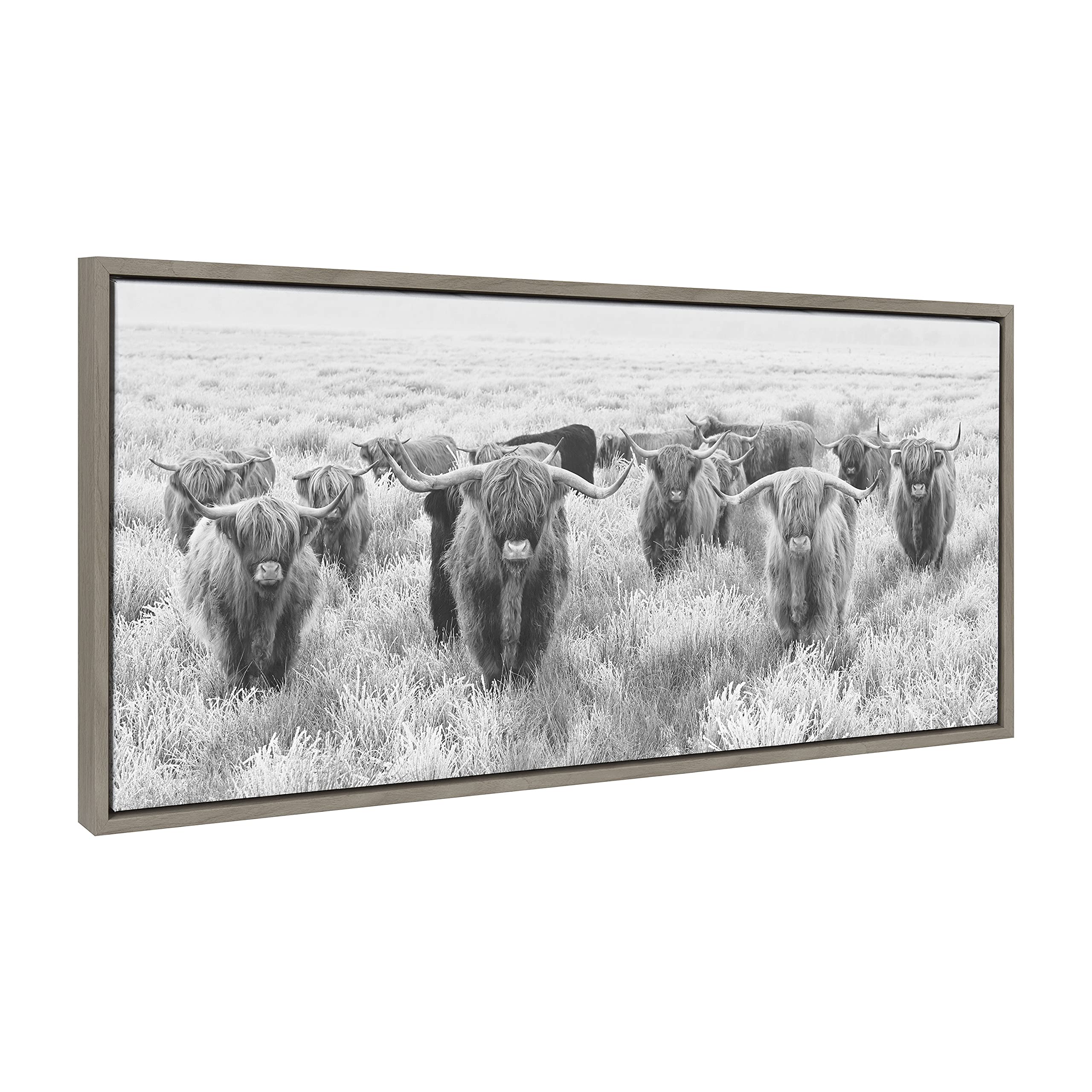 Kate & Laurel Sylvie Highland Cows Black & White Framed Canvas Wall Art - 18x40 Inch Farmhouse Animal Painting - Gray Modern Home Decor for Living Room, Bedroom & Office