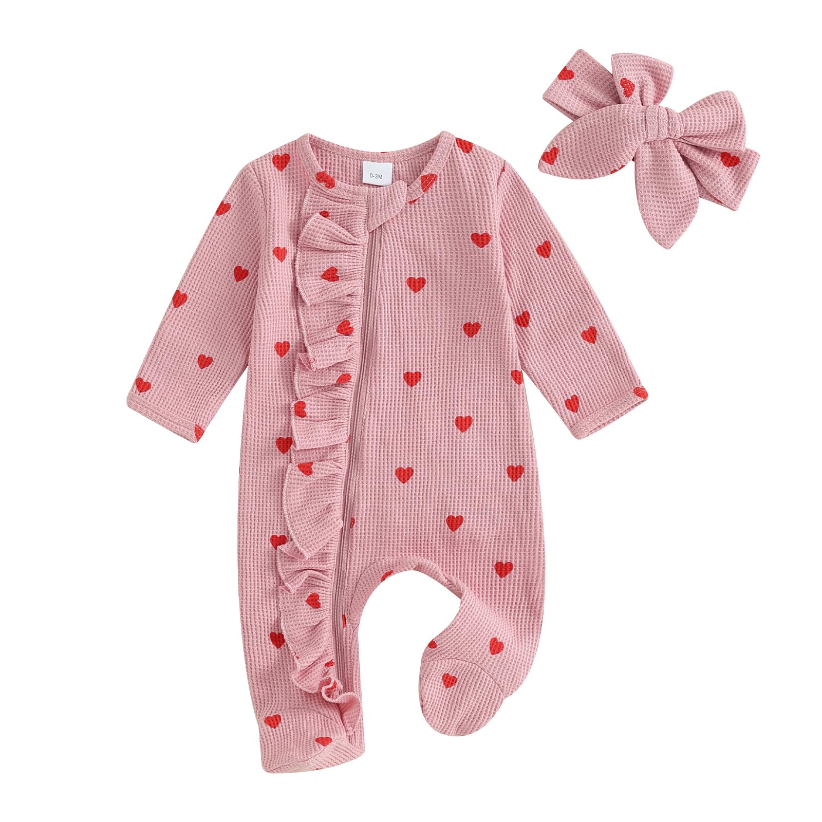 Valentine's Day Baby Girl Outfit - Heart Ruffle Long Sleeve Footie Romper & Headband Set | Newborn Photoshoot, Holiday Party, Family Gathering