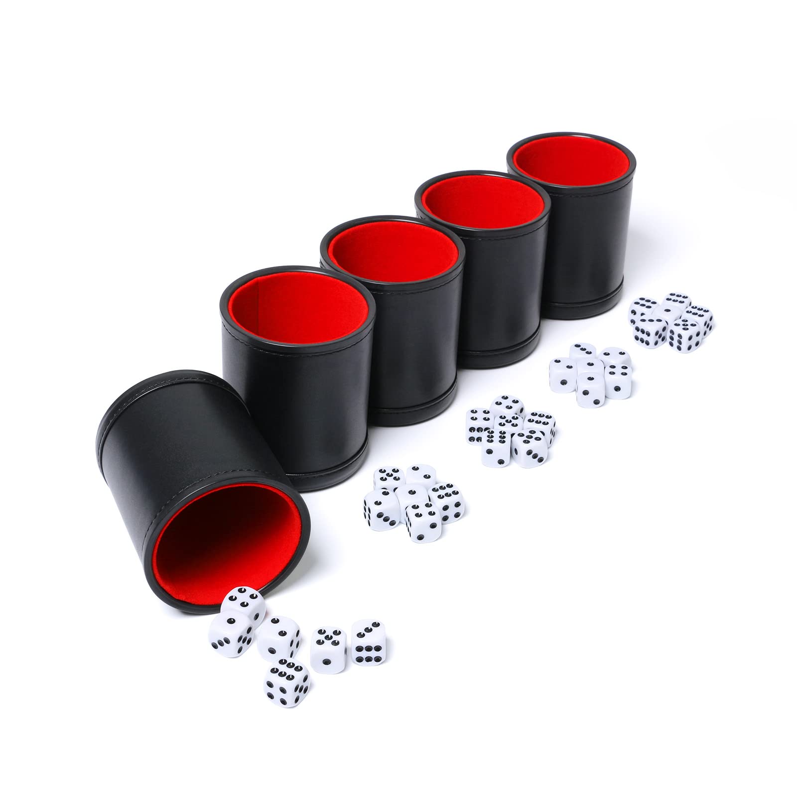 Premium Leatherette Dice Cup Set - 5 Pack with 6 Red Felt-Lined Dot Dices for Yahtzee, Farkle & Bar Party Games | Perfect for Family Game Nights, Casino Parties & Tabletop Gaming