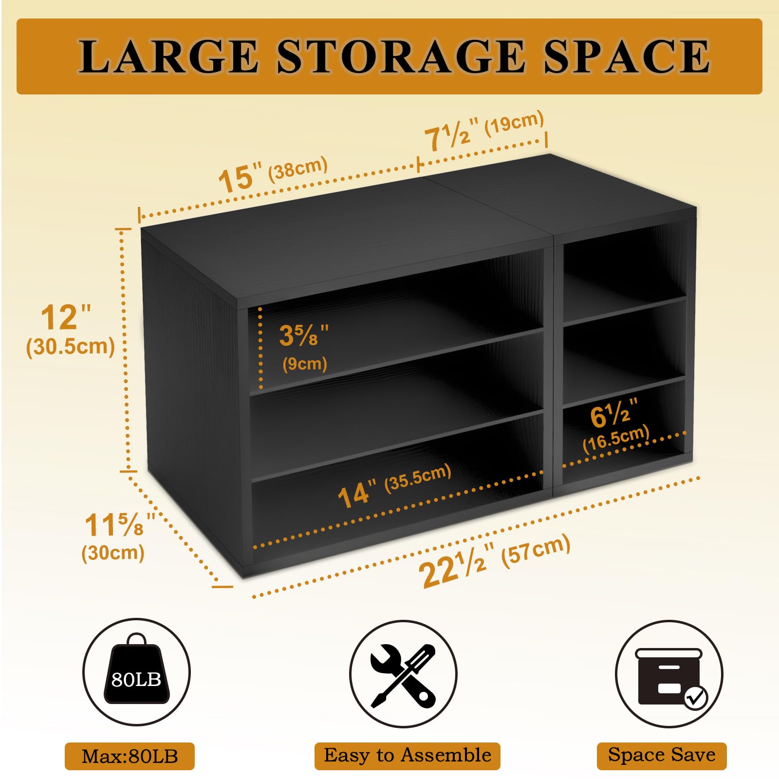 22.5x11.8 Inch Wooden Printer Stand with 6 Storage Compartments | Large Desktop Organizer Shelf for Home & Office | Perfect for Printer Riser, Paper & File Organization (Black)