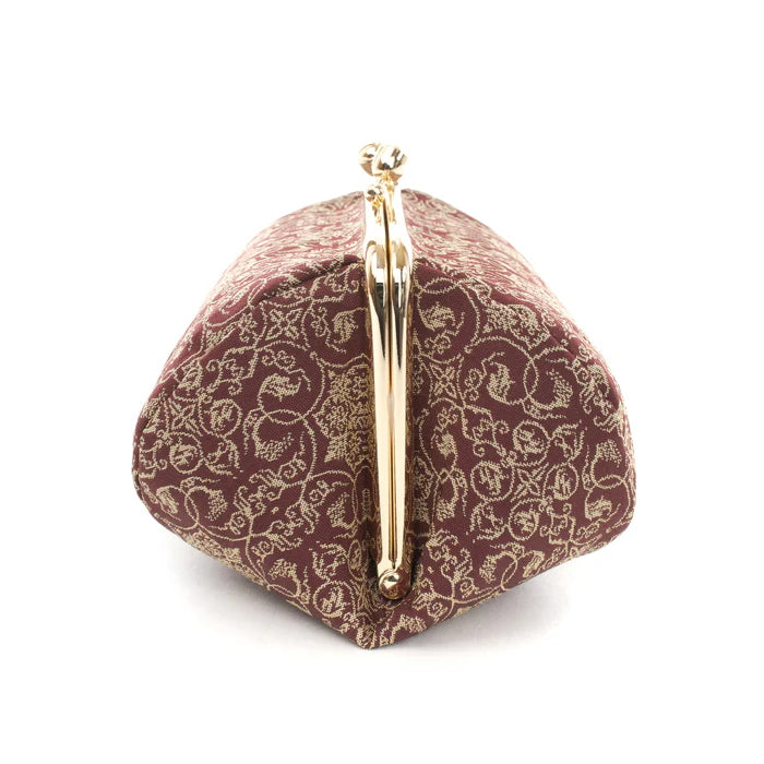 Handmade Kyoto Nishijin Silk Small Pouch - Grapevine Brown Japanese Gamaguchi Bag | Cosmetic & Makeup Organizer | Travel Toiletry & Stationery Pouch | Bag-in-Bag Organizer for Women's Purse, Gift Idea for Her