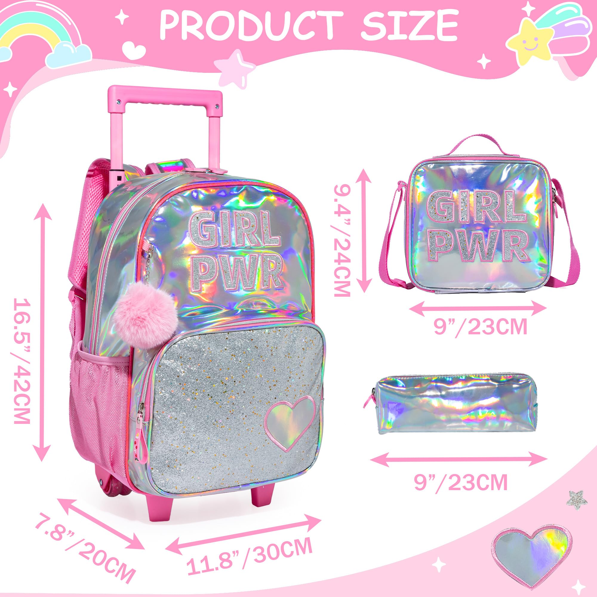 **Rolling Backpack for Girls - Kids Wheeled Backpack with Lunch Bag for Elementary & Kindergarten - Durable Carry-On Luggage for School, Travel & Daily Use**