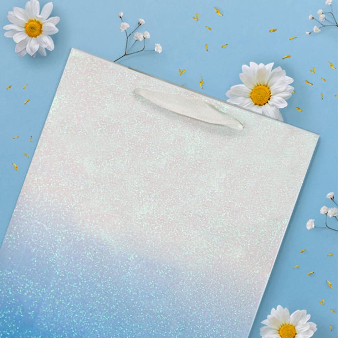 12Pcs Blue Glitter Ombre Gift Bags Bulk - 100% Recyclable Wrapping Paper Bags for Wedding, Baby Shower, Birthday Party Favors - Medium 9x7x4 inch - Perfect for Easter, Mother's Day & Thank You Gifts