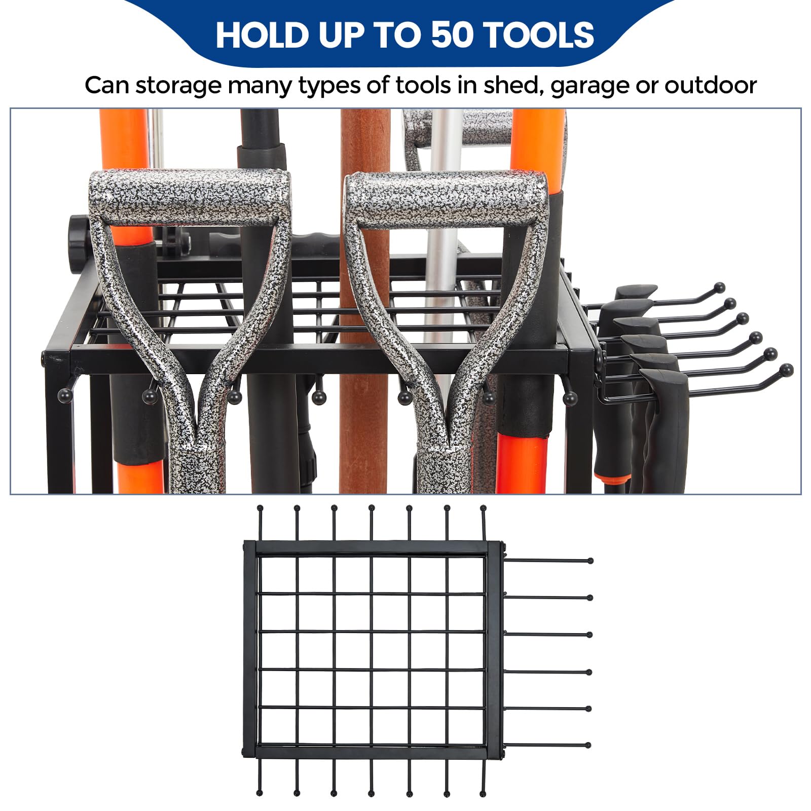 Heavy-Duty 2-Tier Steel Garden Tool Organizer - Holds 50+ Long-Handled Tools, Rakes, Brooms & Shovels - Black Garage & Shed Storage Solution for Outdoor Lawn Care - Easy Assembly - Perfect for Backyard, Workshop & Farm Organization