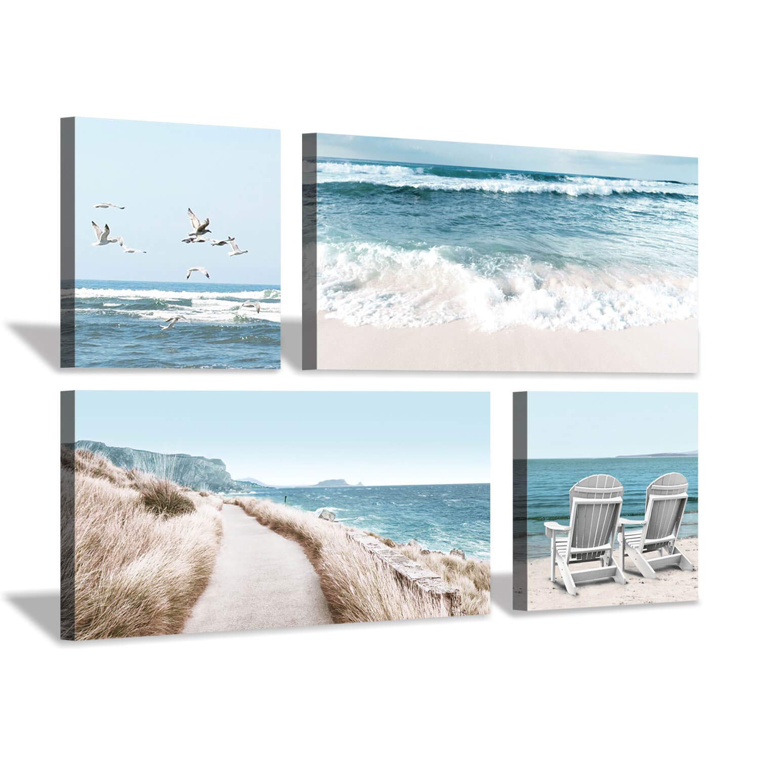 Coastal Beach Canvas Wall Art Set - 12x12 & 24x12 Inch Beach Chair & Seagull Painting Prints for Living Room, Bedroom Decor - Perfect for Beach House, Vacation Home & Coastal Style Interior Design