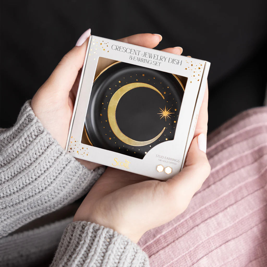 Elegant Crescent Moon Dish & Gold Hoop Earrings Set - Perfect for Home Decor, Jewelry Gifts & Boho Style Accessories