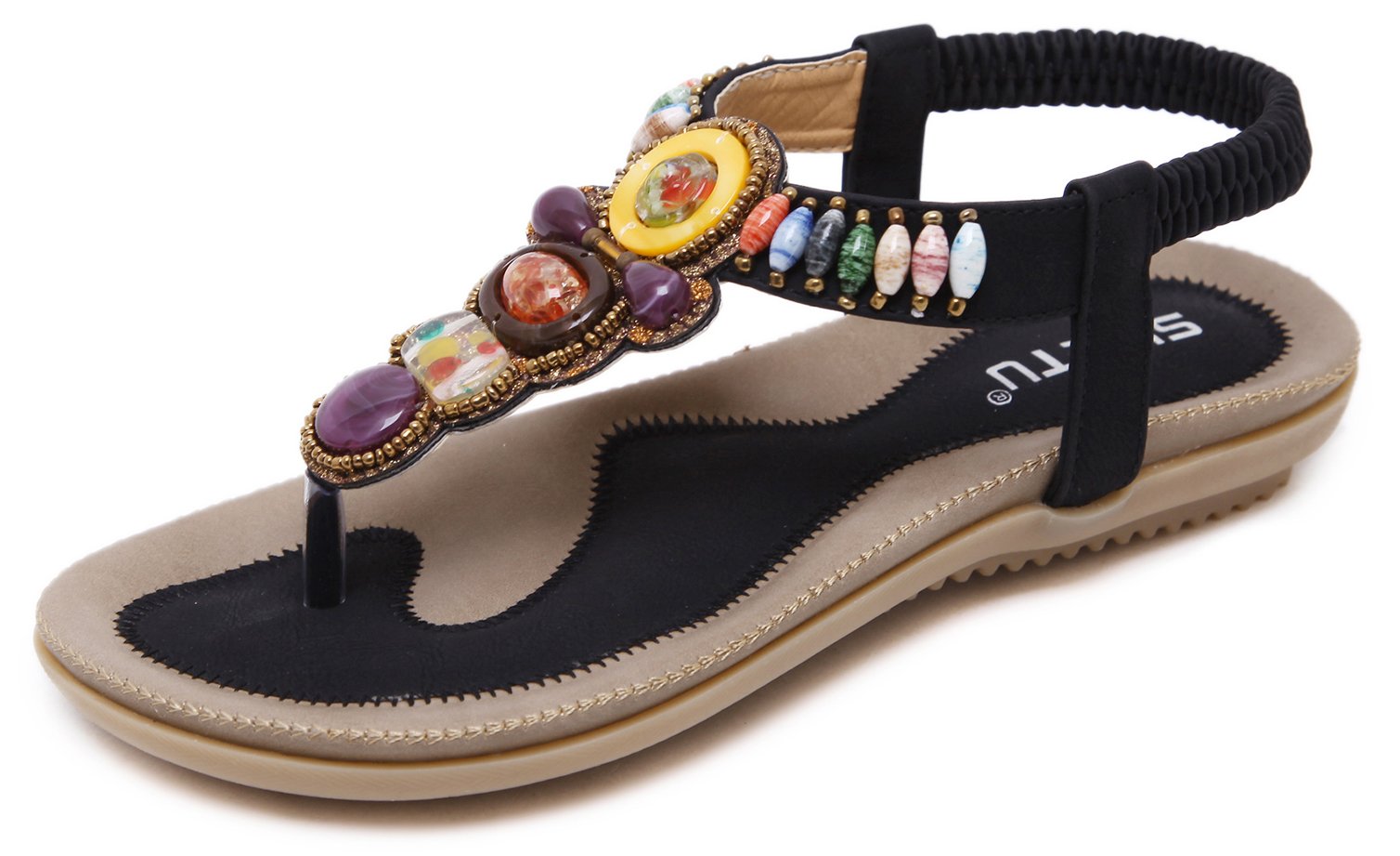 Stylish Summer T-Strap Flat Sandals for Women - Open Toe Thong Sandals with Beaded Gemstone Decorations | Comfortable Casual Beach Shoes for Vacation, Walking & Outdoor Activities