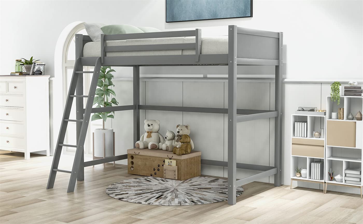 **Twin Size Solid Wood Loft Bed Frame with Inclined Ladder & Guardrail - No Box Spring Needed - Gray - Perfect for Kids' Bedroom, Dorm Room, or Small Space**