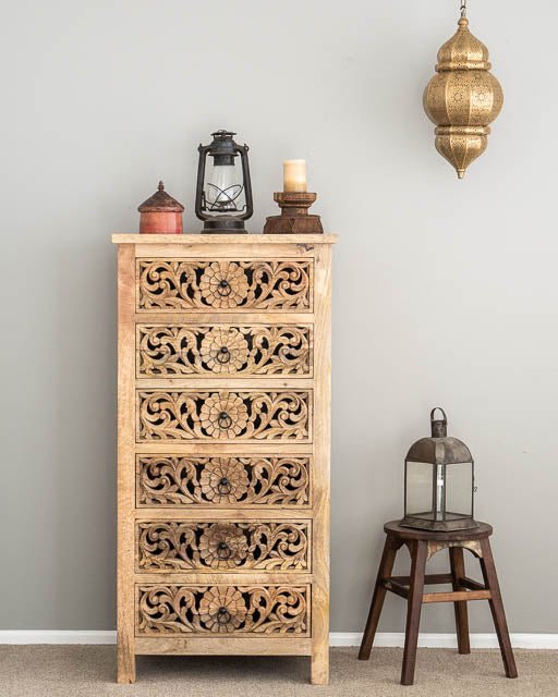 Hand Carved Indian Flower Dresser - Solid Wood Tallboy Chest with 6 Drawers | Vintage Boho Bedroom Furniture for Storage & Organization