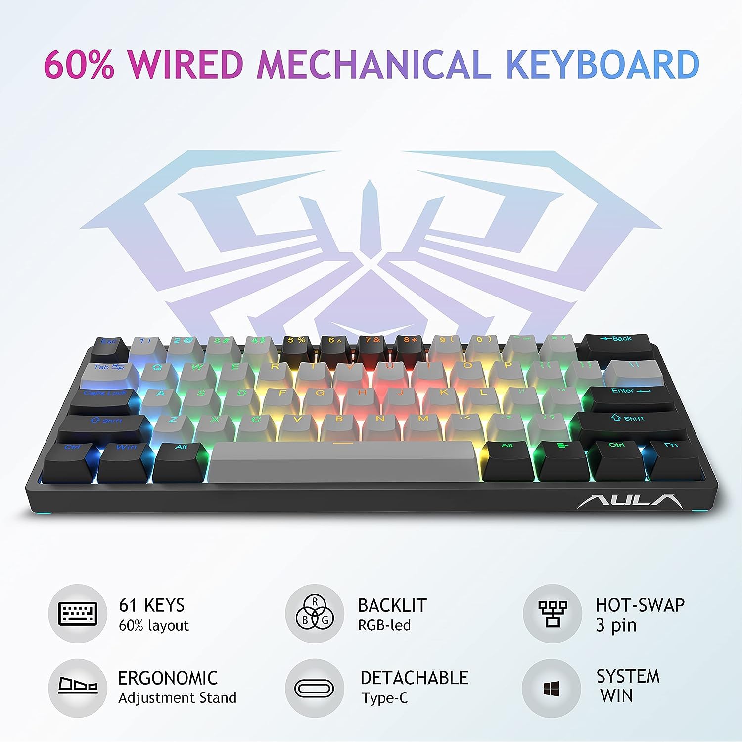 AULA F3261 60% Compact Mechanical Gaming Keyboard - RGB Backlit, Brown Switches, Wired USB for PC, Tablet, PS4, Xbox - Perfect for Esports, Office & Typing