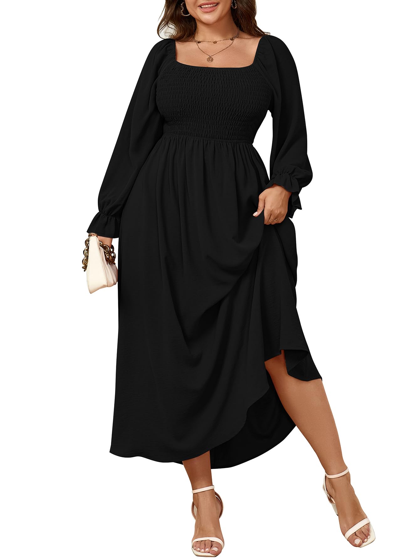 Plus Size Maxi Dress for Women - Long Sleeve Square Neck Smocked Flowy A-Line Boho Dress for Wedding, Party & Special Occasions | Elegant & Comfortable Maternity-Friendly Design