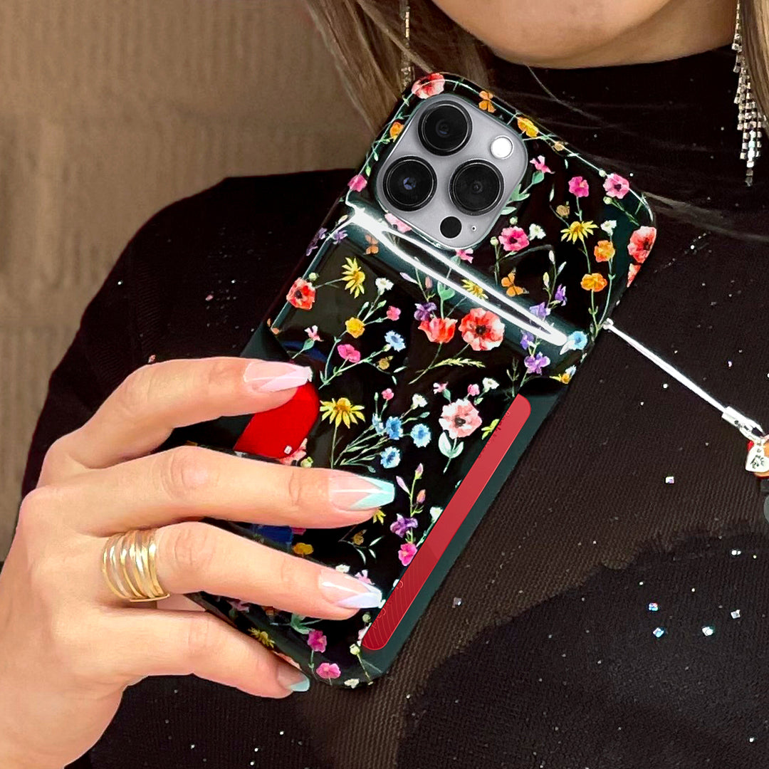 Premium Black Wildflower iPhone Wallet Case - Slim Protective Cover with Card Holder for iPhone 13/14/15 - Perfect for Everyday Use, Travel & Shopping