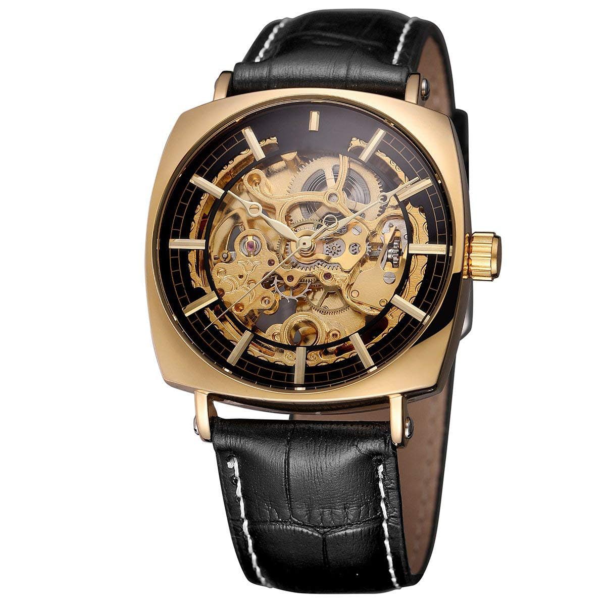 Carlien Luxury Men's Mechanical Skeleton Watch - Stainless Steel Golden Timepiece with Black Accents | Perfect for Business, Formal Events & Gift Giving