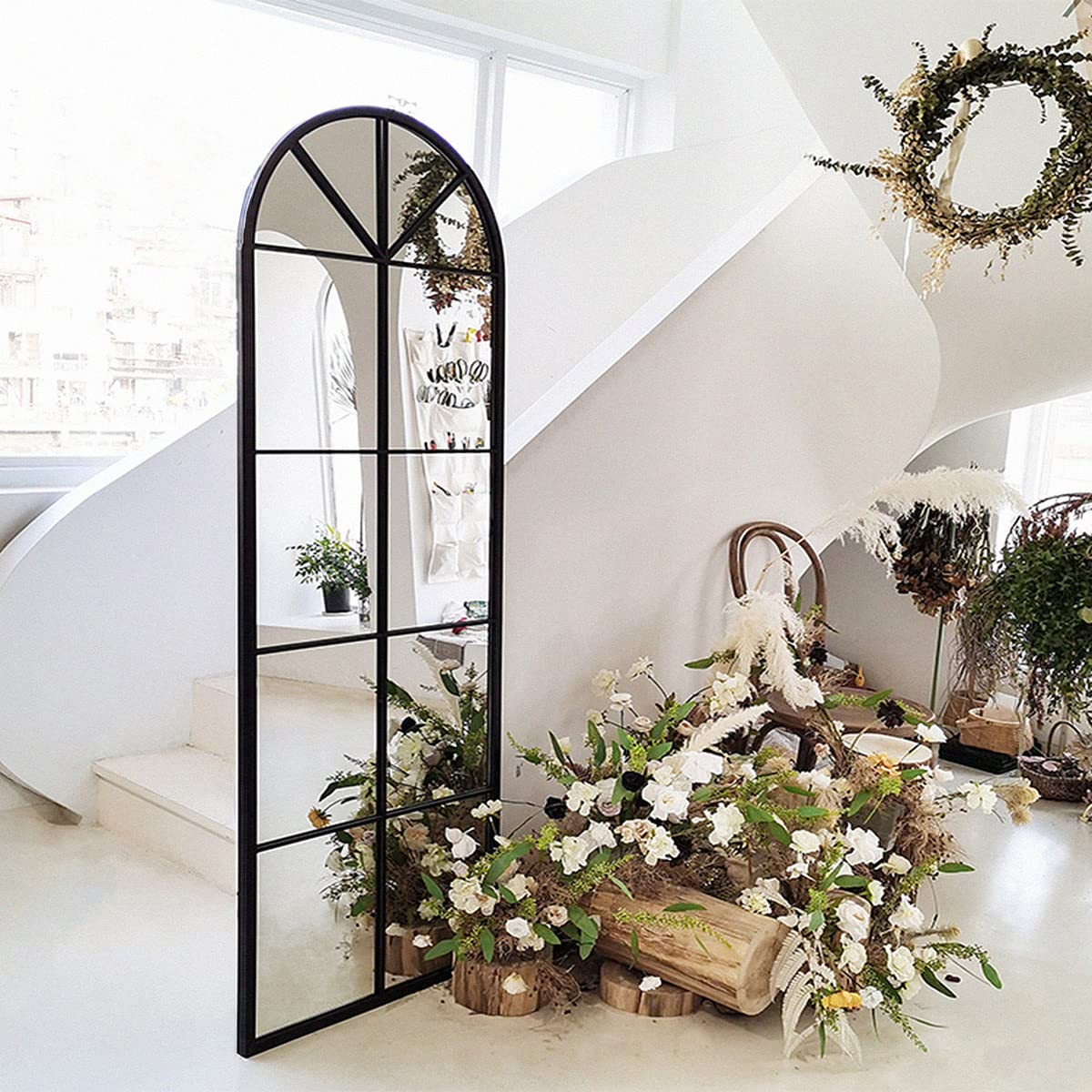 TinyTimes 65×22 Inch Arched Window Full Length Mirror - Black Metal Frame Wall Mirror for Home Decor | Leaning or Wall Mounted Windowpane Mirror for Bedroom, Living Room & Entryway