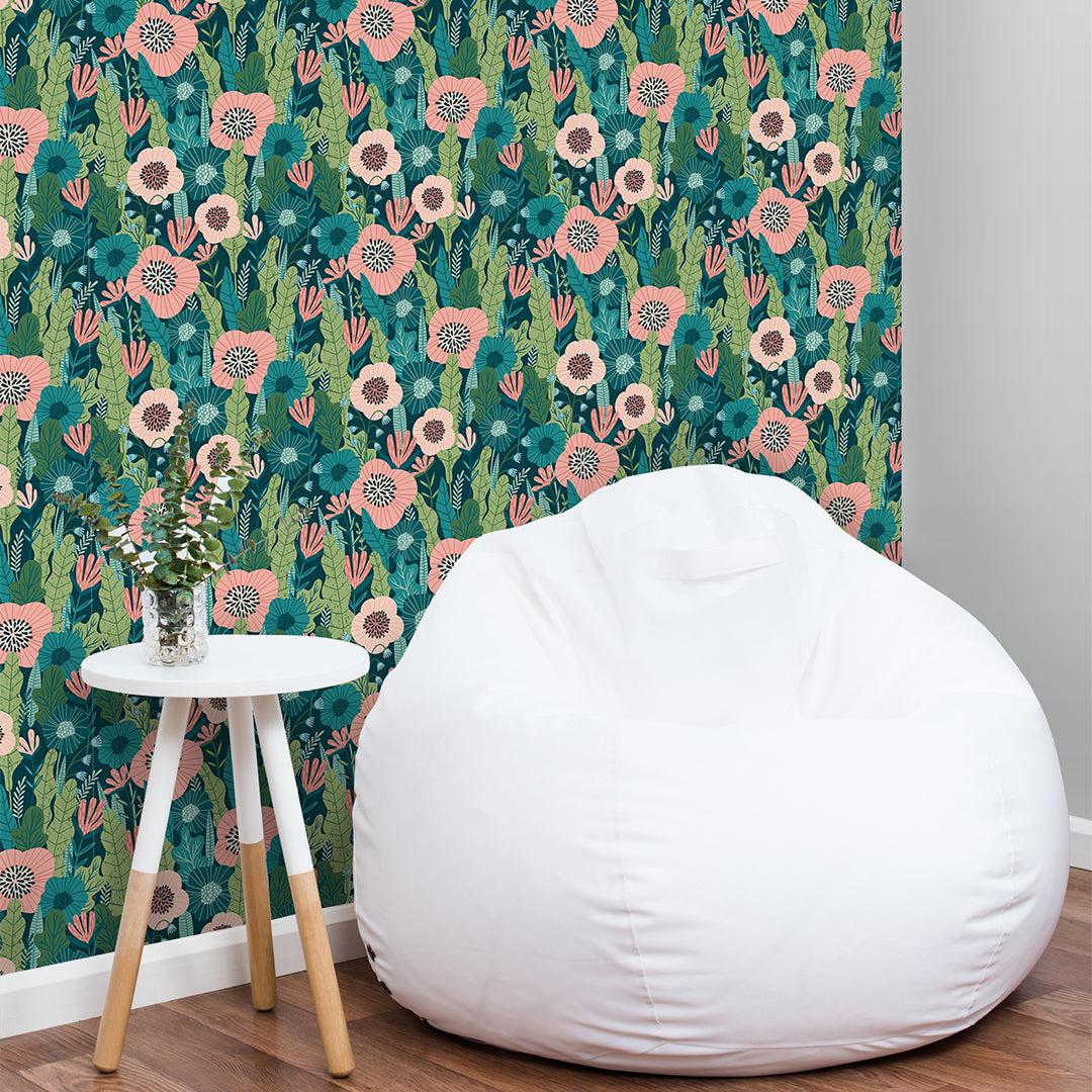 Greenery Pink Flowers Wallpaper CC202 - Peel and Stick Removable Wallpaper for Bedroom, Nursery, Living Room Decor
