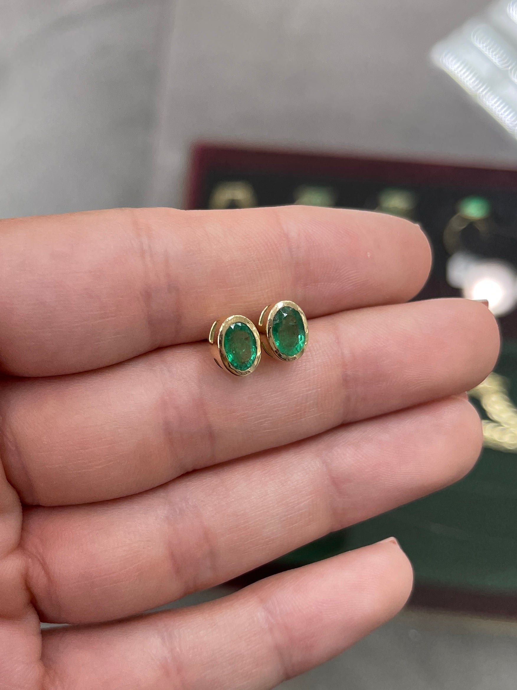 1.87tcw 14K Natural Emerald Oval Cut Bezel Set Gold Stud Earrings for Women - Elegant Green Gemstone Jewelry Gift for Birthday, Anniversary & Special Occasions