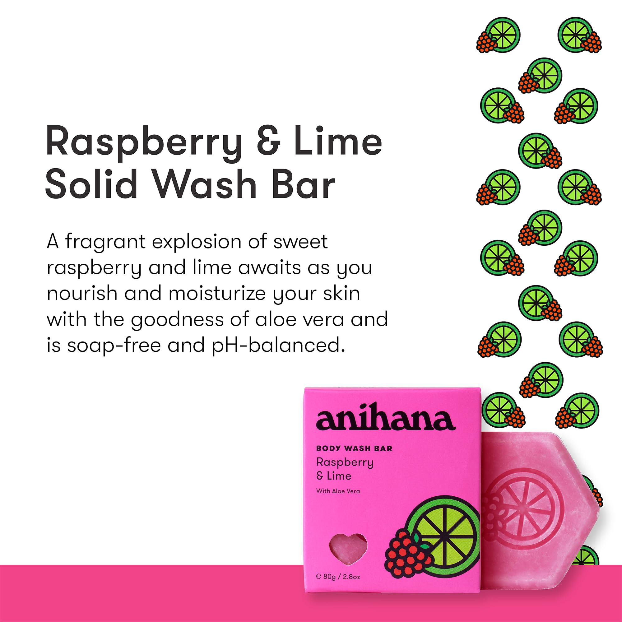 ANIHANA Natural Body Wash Bar with Coconut Oil & Aloe Vera | Soap-Free Moisturizing Cleanser | Gentle Skin Care for Dry & Sensitive Skin | Refreshing Raspberry Lime Scent 2.8oz | Perfect for Shower, Travel & Eco-Friendly Bath Routine