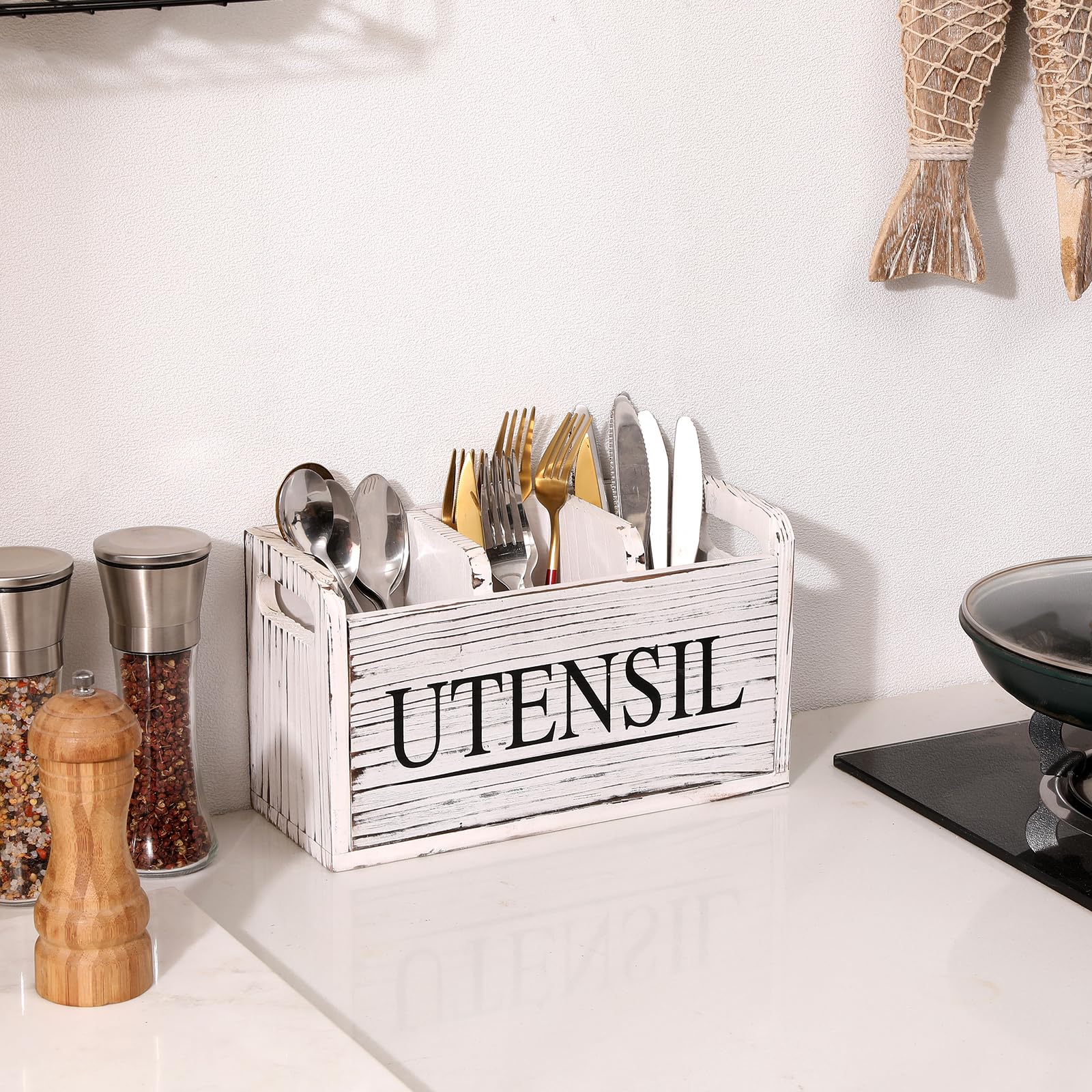 Farmhouse Style Wooden Kitchen Utensil Holder - 3 Compartment Countertop Organizer for Spoons, Forks & Cooking Tools (11.8