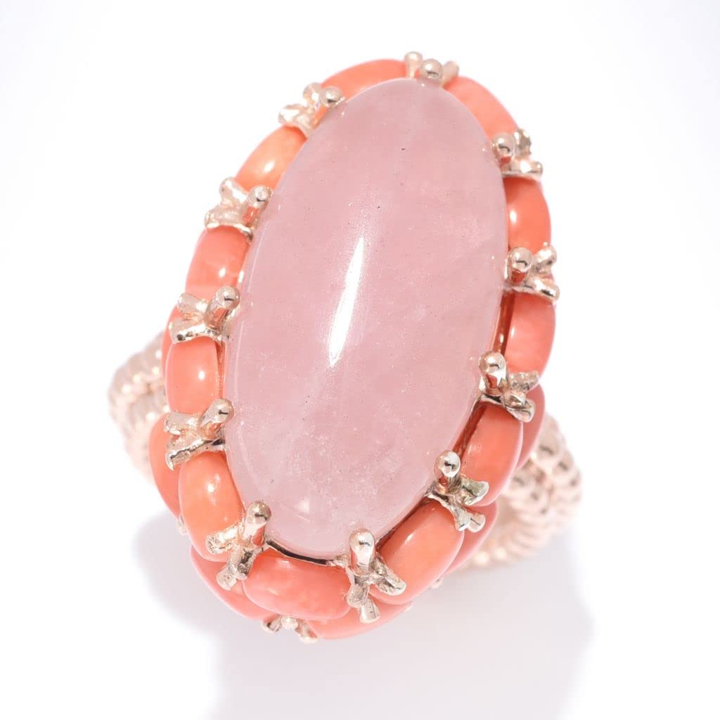 Hall Of Style 22 X 11mm Dark Rose Quartz & Peach Coral Halo Ring - Elegant Gemstone Jewelry for Women | Perfect for Weddings, Anniversaries & Special Occasions