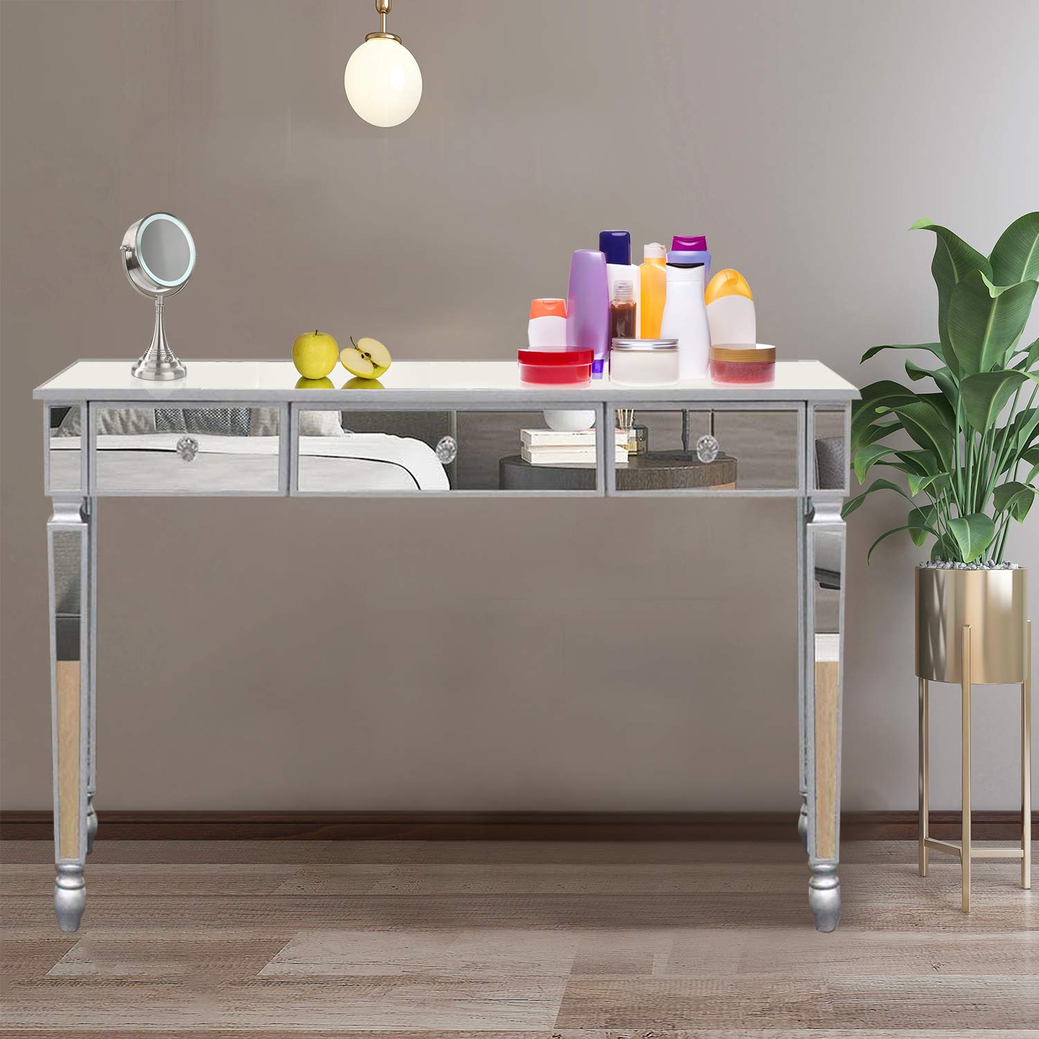 Modern Silver SSLine Mirrored Console Table - Makeup Vanity Dressing Table with 3 Drawers, Sofa Side Table & Media Desk for Bedroom, Entryway, Home Office & Hallway Decor
