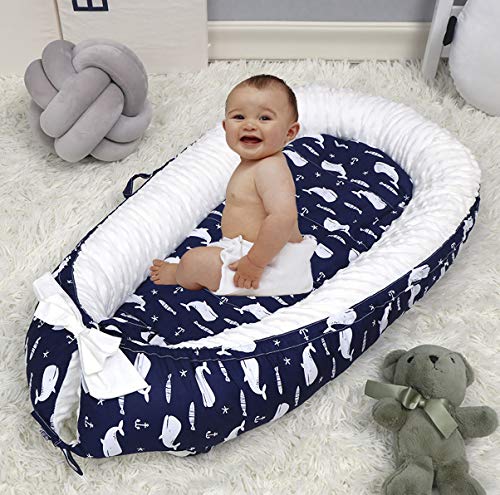 Brandream Baby Nest Bed - 100% Cotton Whale Navy Newborn Lounger & Portable Crib | Breathable Double-Sided Co-Sleeping Bed with Ocean Animal Theme | Perfect for Nursery, Travel & Breastfeeding